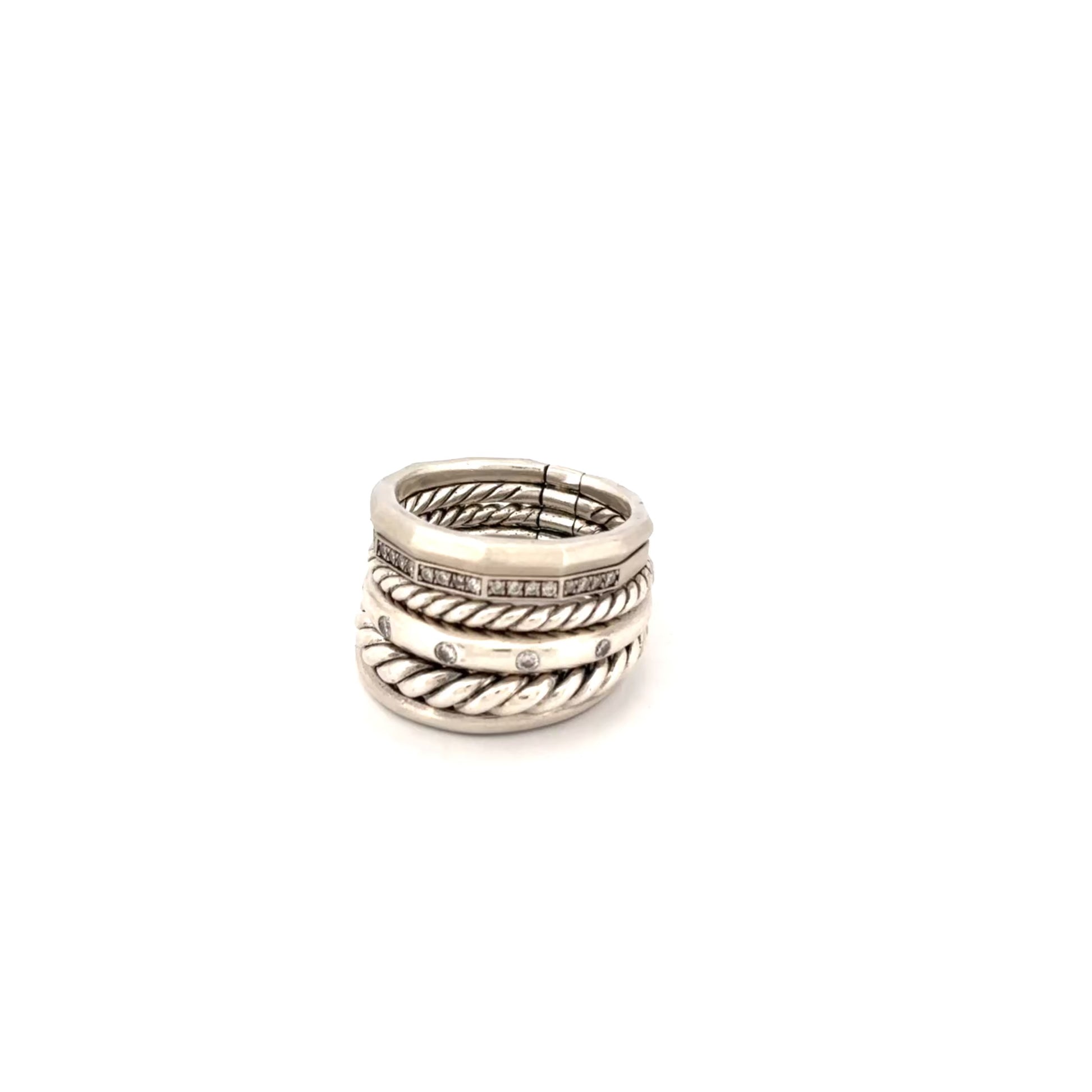 STAX SIX ROW RING Sterling Silver with Diamonds, 16mm