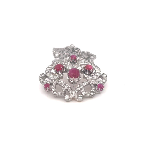 14K Two Tone Cabochon Cut Ruby and Diamond Brooch/Pendant Necklace PRICE NEEDED
