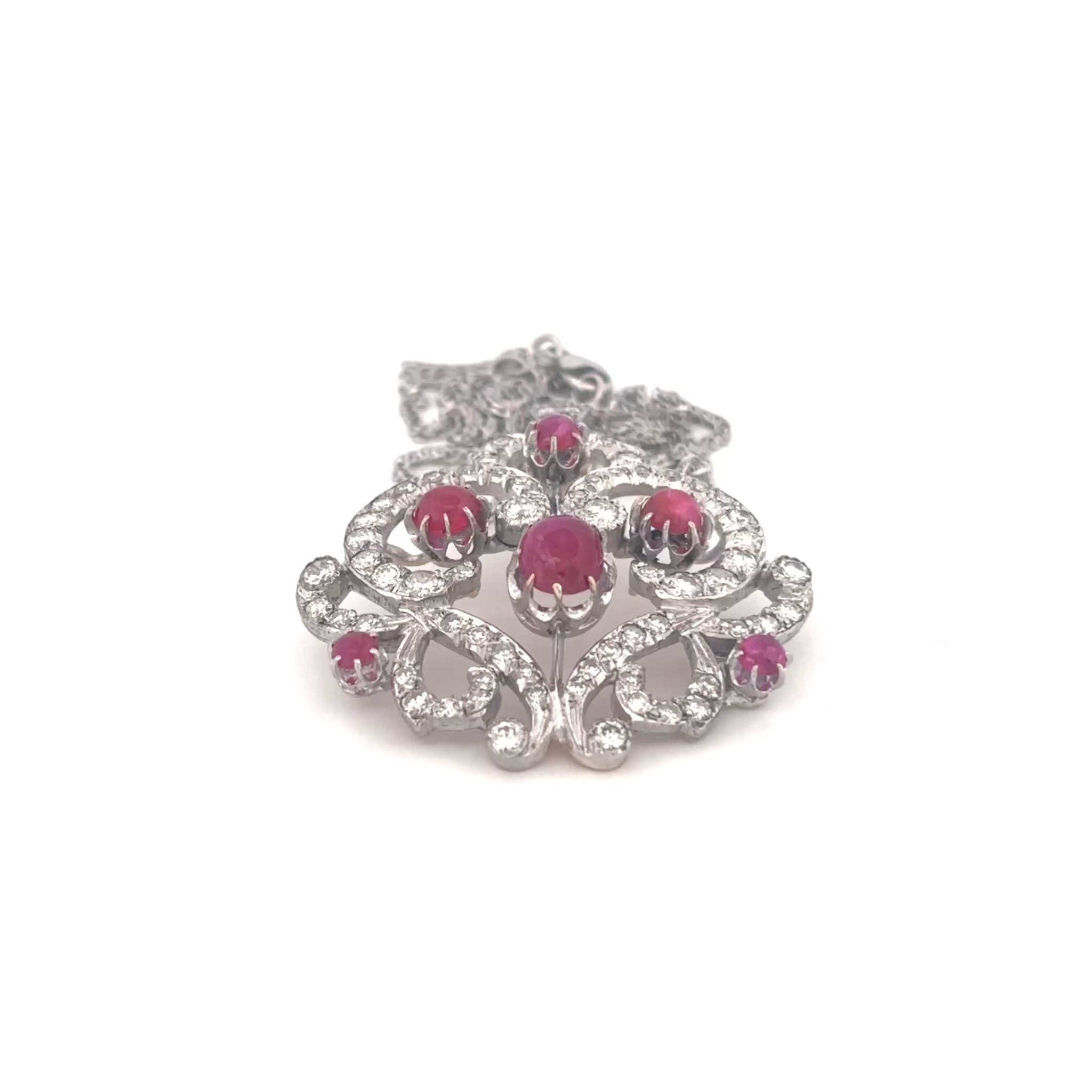 14K Two Tone Cabochon Cut Ruby and Diamond Brooch/Pendant Necklace PRICE NEEDED