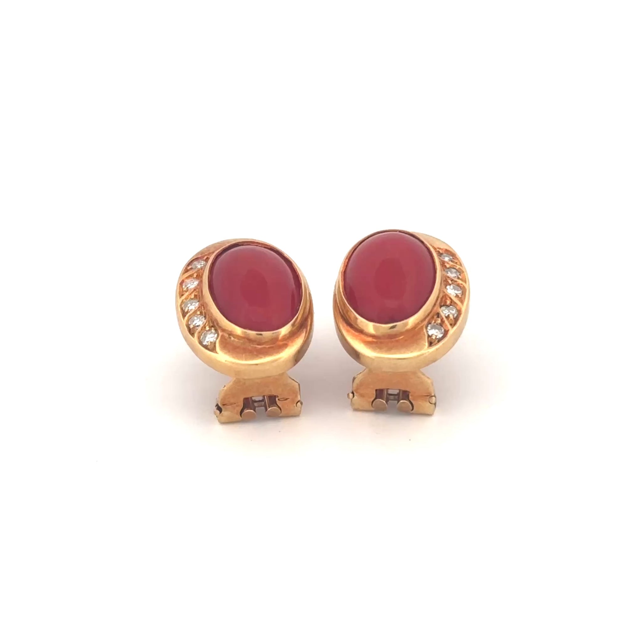 18K Yellow Gold Coral and Diamond Lever Back Earrings
