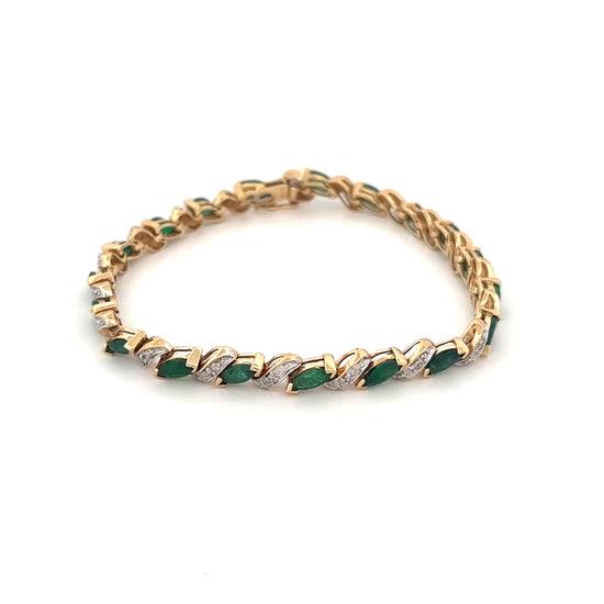 14K Yellow Gold Emerald Marquise 2.85ct and Diamond 0.095ct Tennis Bracelet