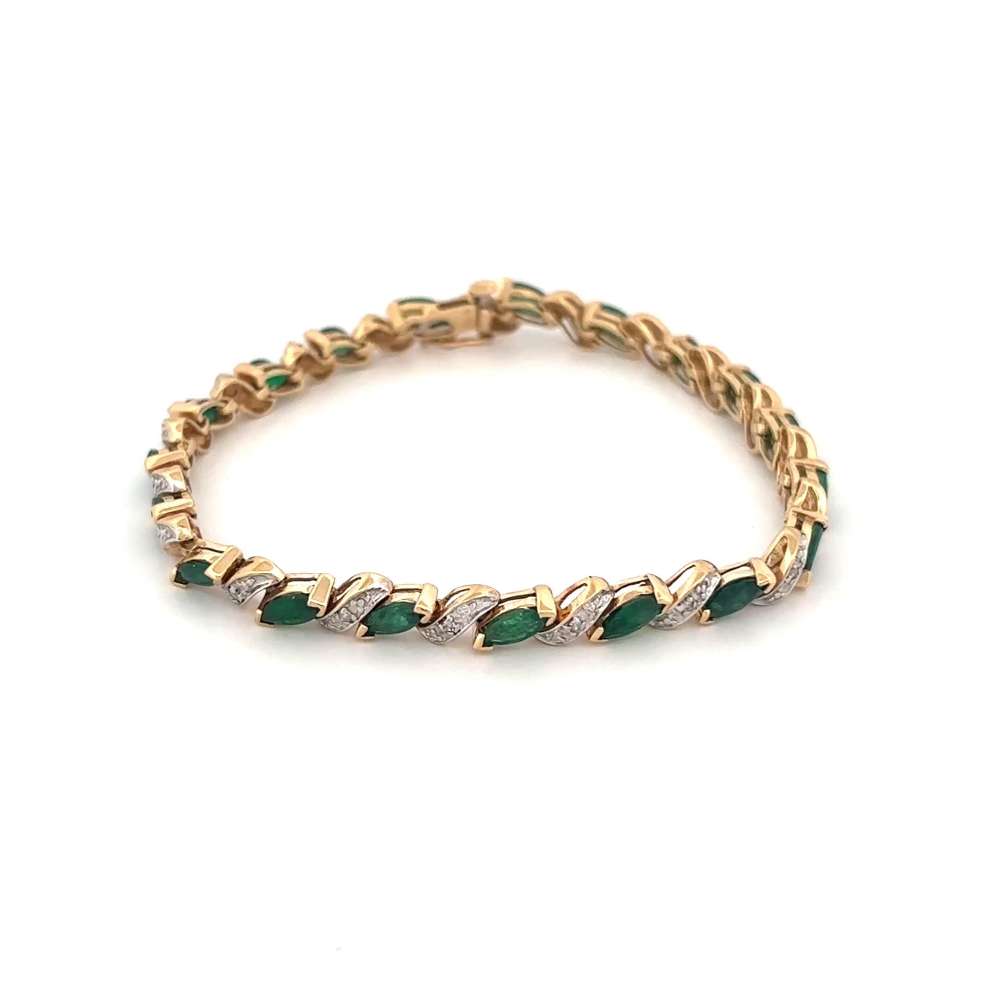 14K Yellow Gold Emerald Marquise 2.85ct and Diamond 0.095ct Tennis Bracelet