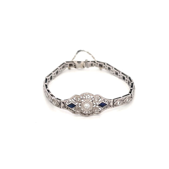 1920s-40s 18K White Gold and Plat. Top Diamond .70 and Sapphire .20 Bracelet