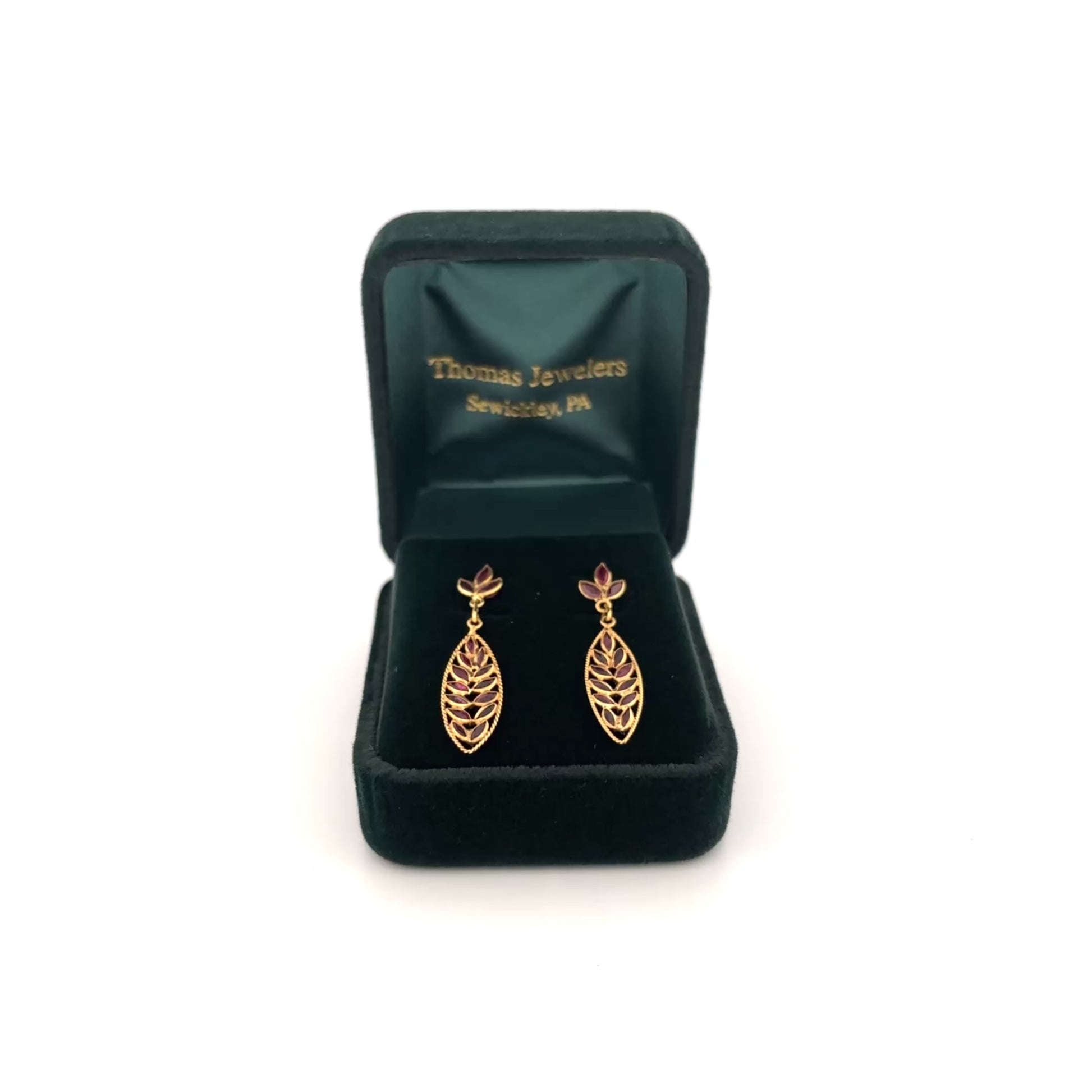 18K YG Ruby Dangle Leaf Earrings