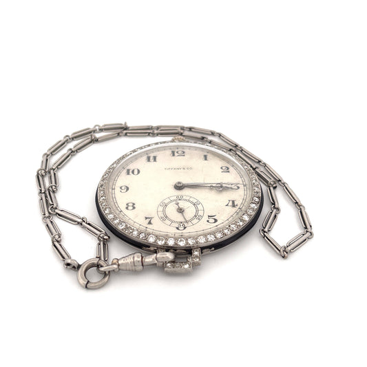 1920s Platinum Tiffany & Co. Diamond Pocket Watch with Chain