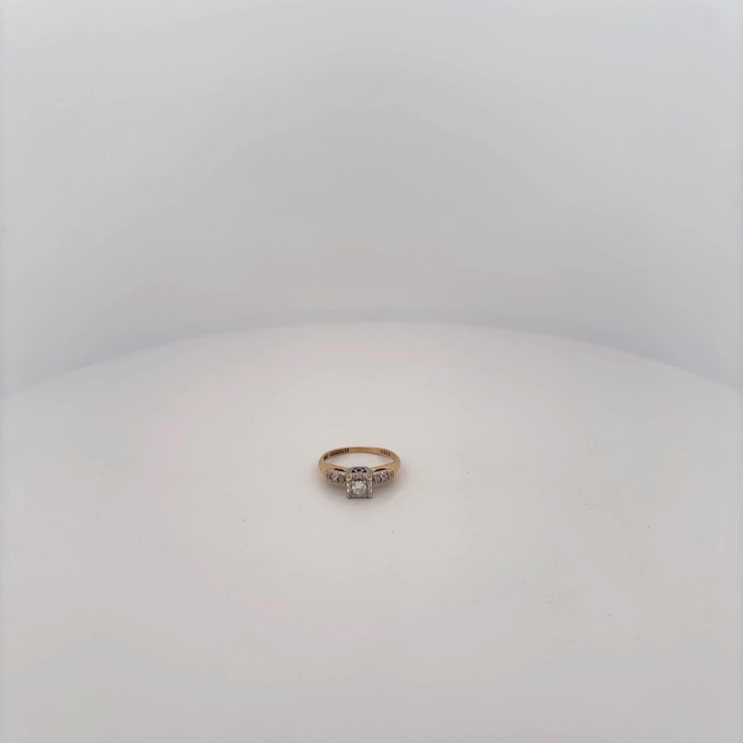 14K Two Tone Ring With Diamonds and Filigree Square Top with Round Diamond