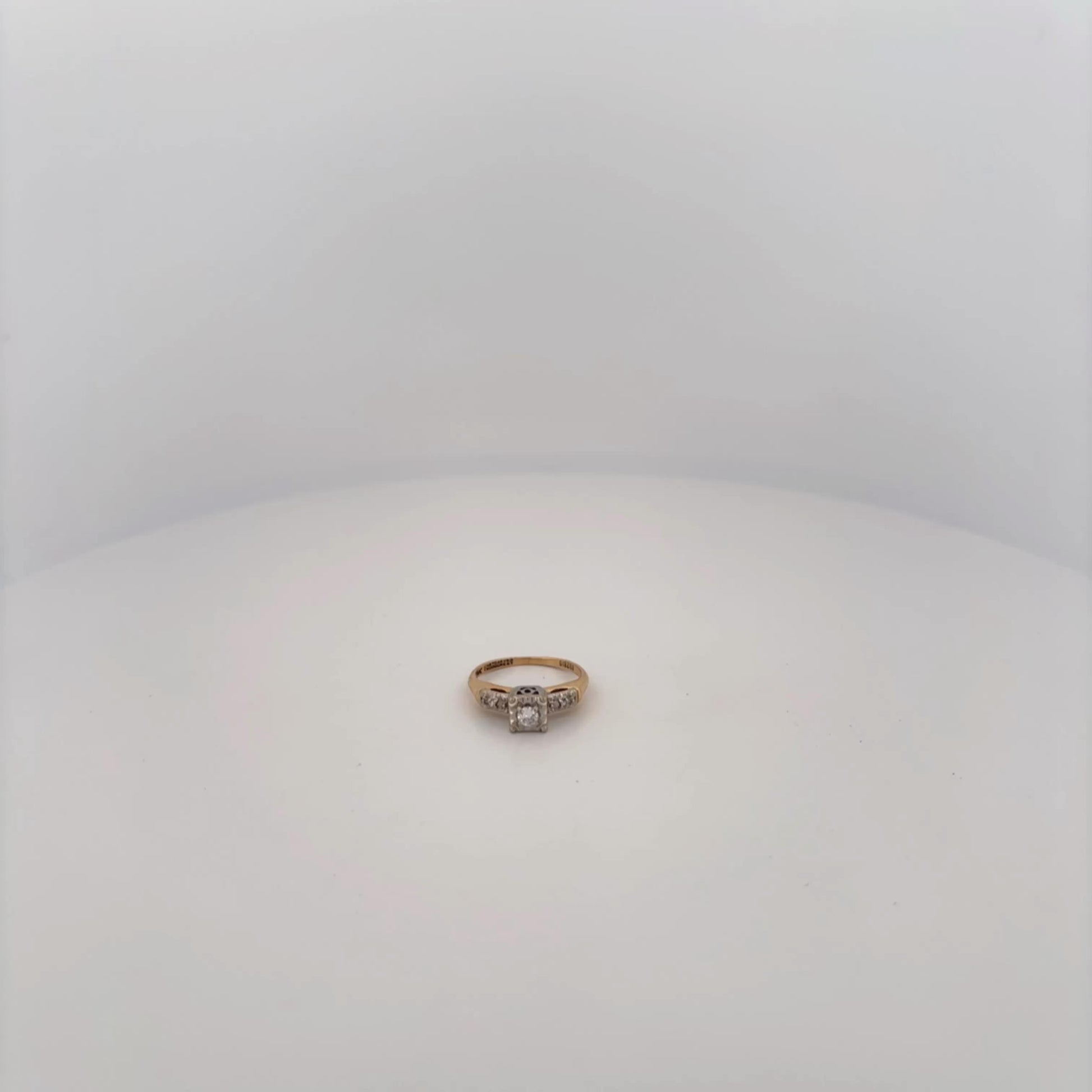 14K Two Tone Ring With Diamonds and Filigree Square Top with Round Diamond