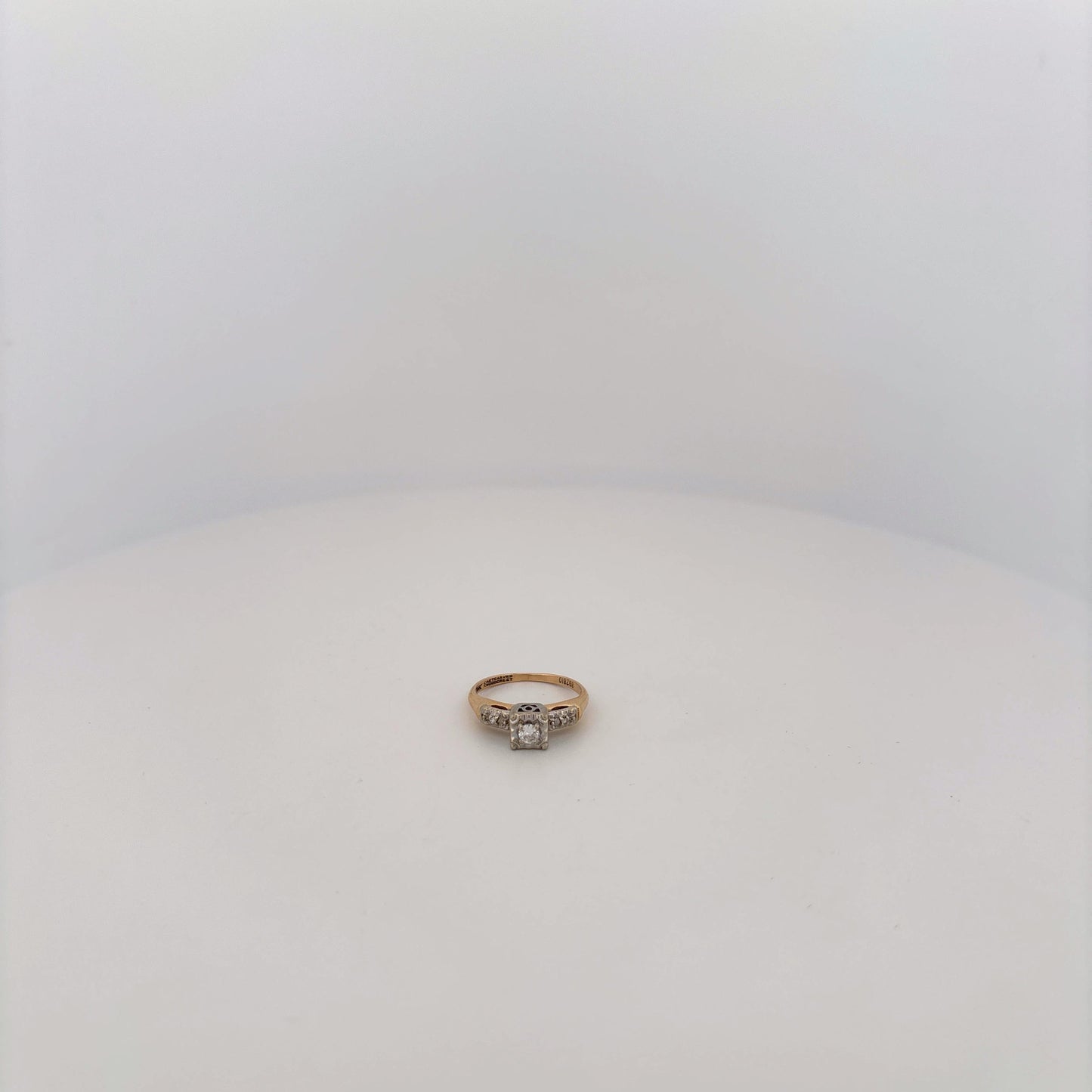 14K Two Tone Ring With Diamonds and Filigree Square Top with Round Diamond