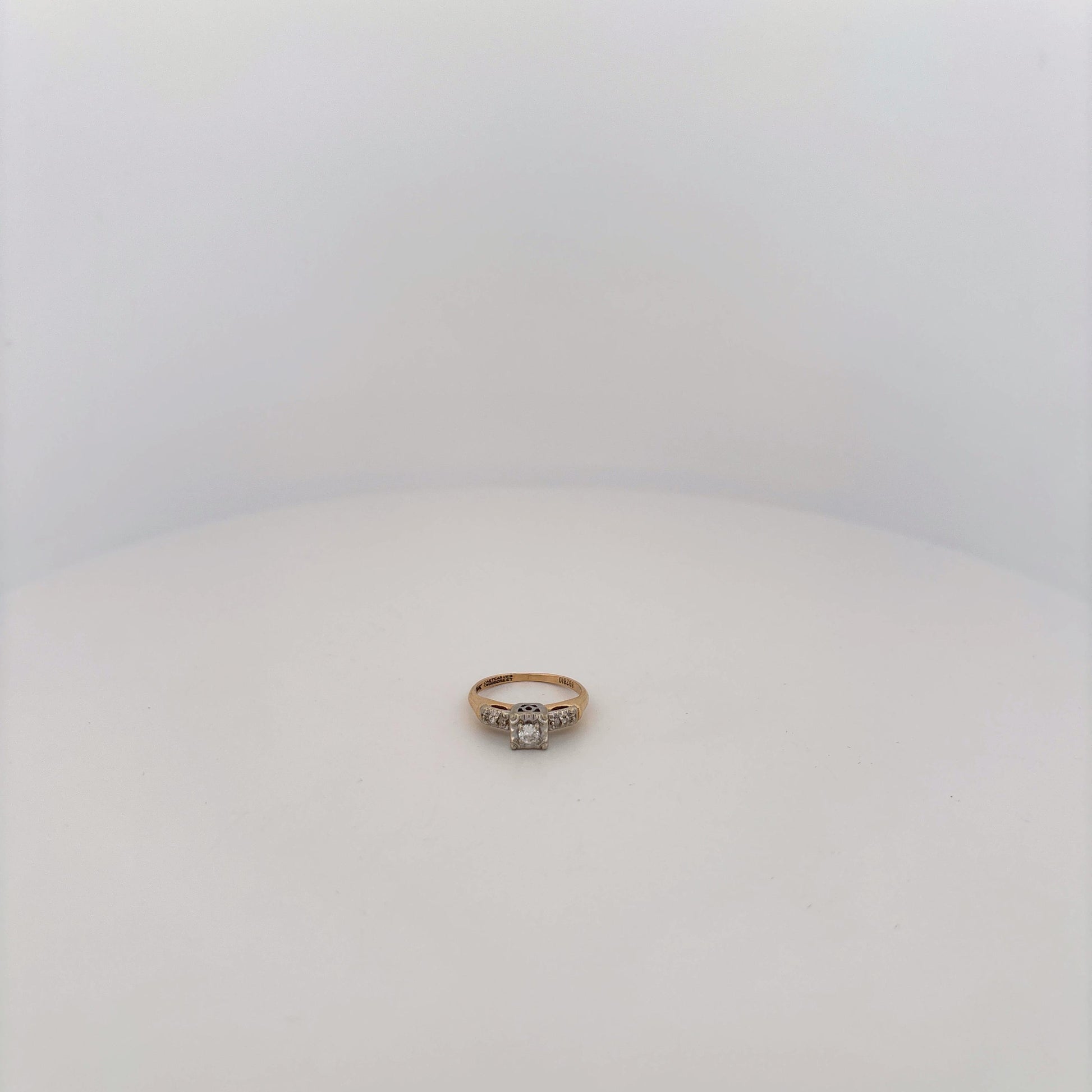 14K Two Tone Ring With Diamonds and Filigree Square Top with Round Diamond