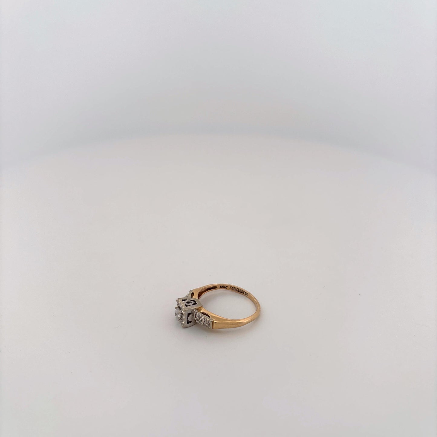 14K Two Tone Ring With Diamonds and Filigree Square Top with Round Diamond