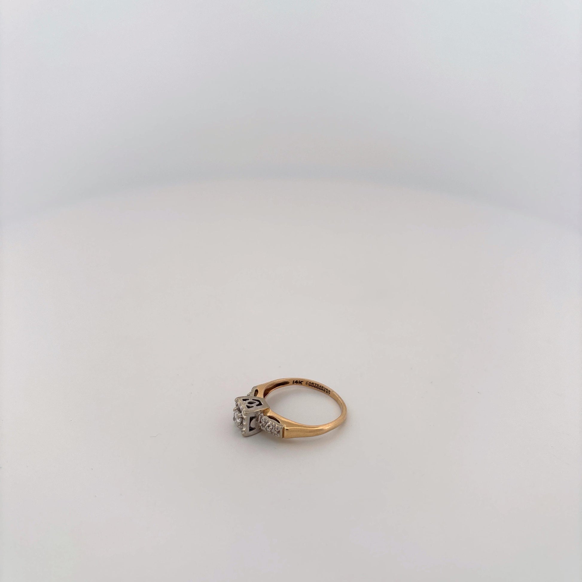 14K Two Tone Ring With Diamonds and Filigree Square Top with Round Diamond