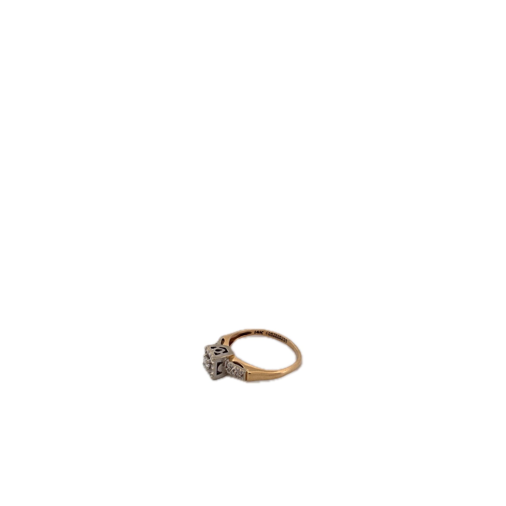 14K Two Tone Ring With Diamonds and Filigree Square Top with Round Diamond