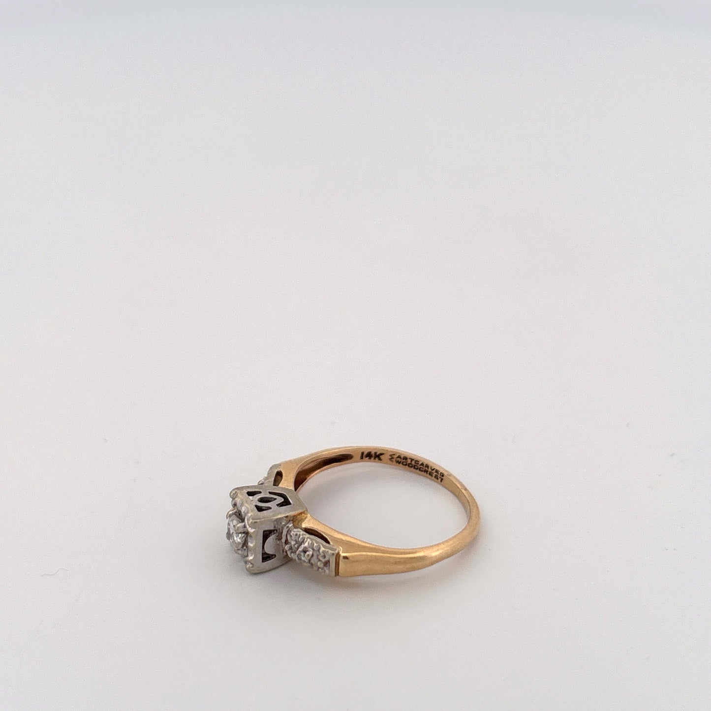 14K Two Tone Ring With Diamonds and Filigree Square Top with Round Diamond