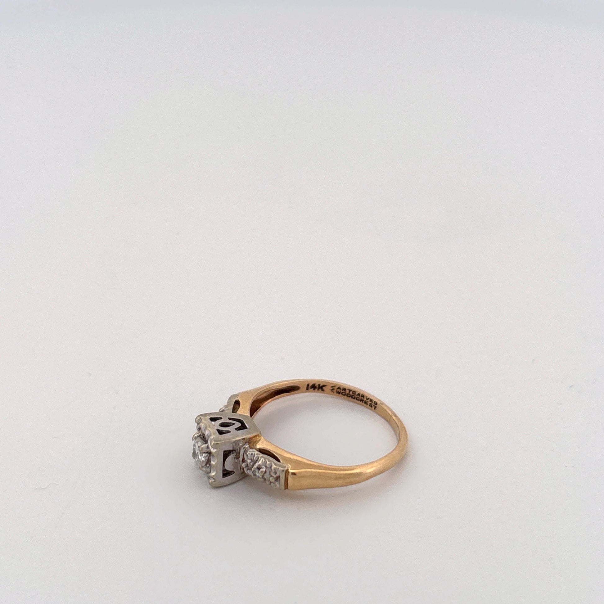 14K Two Tone Ring With Diamonds and Filigree Square Top with Round Diamond