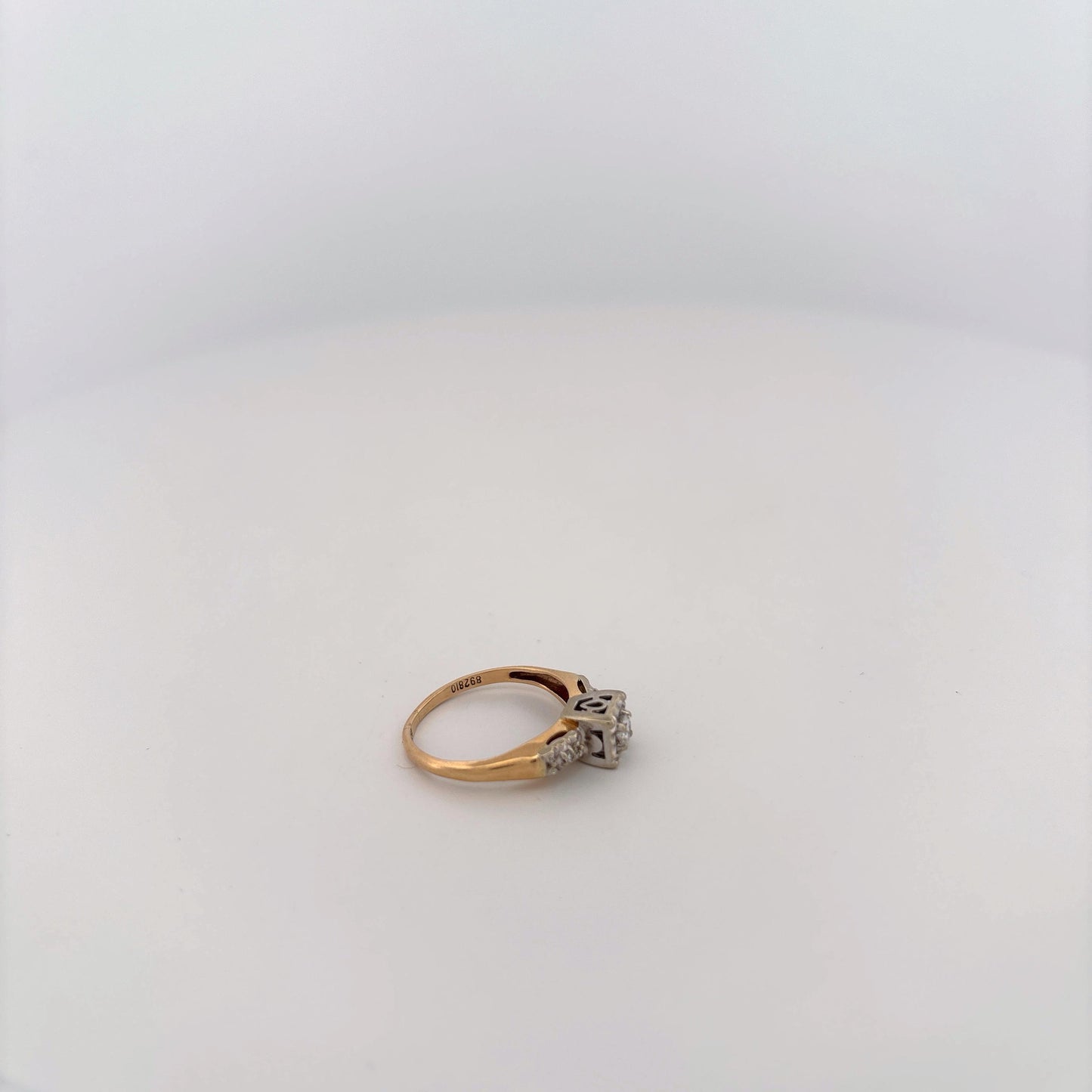 14K Two Tone Ring With Diamonds and Filigree Square Top with Round Diamond