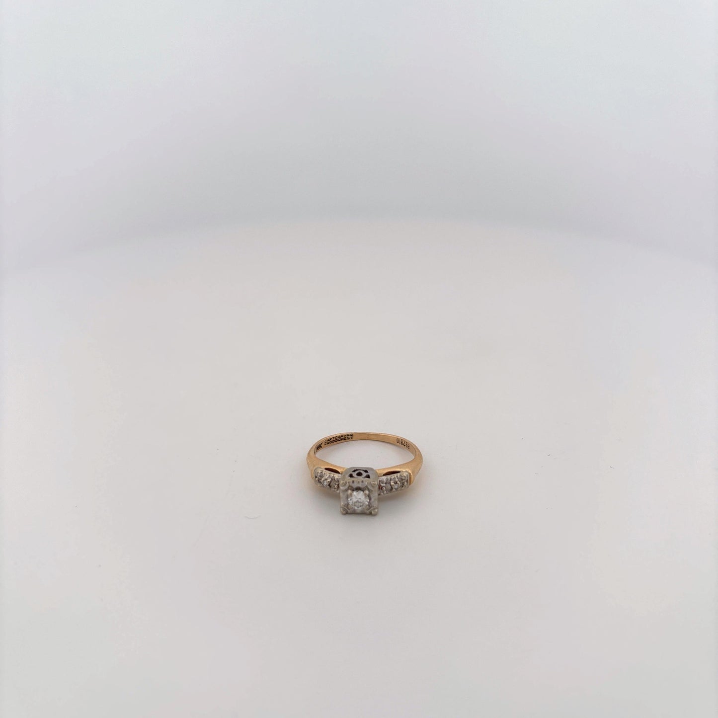 14K Two Tone Ring With Diamonds and Filigree Square Top with Round Diamond