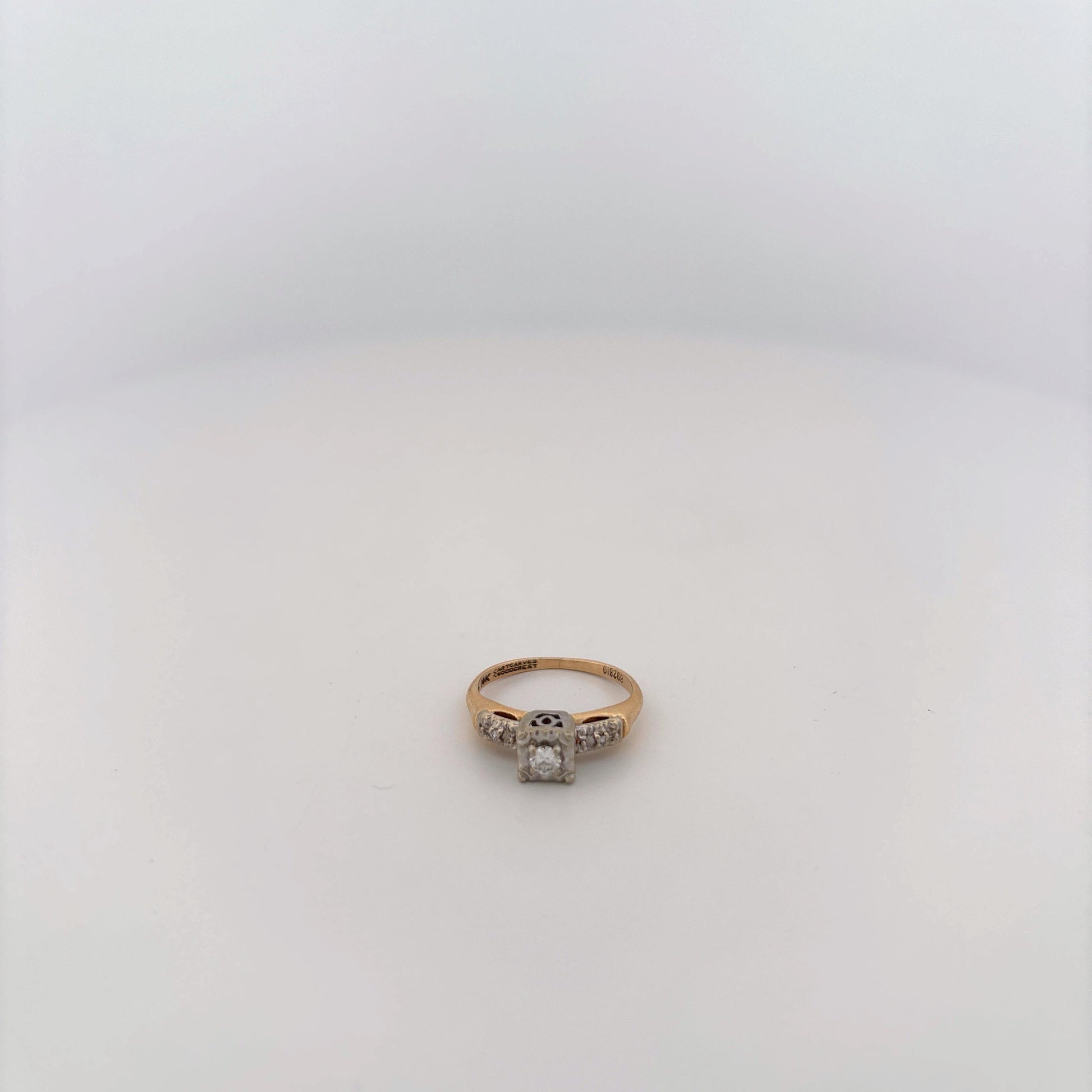 14K Two Tone Ring With Diamonds and Filigree Square Top with Round Diamond