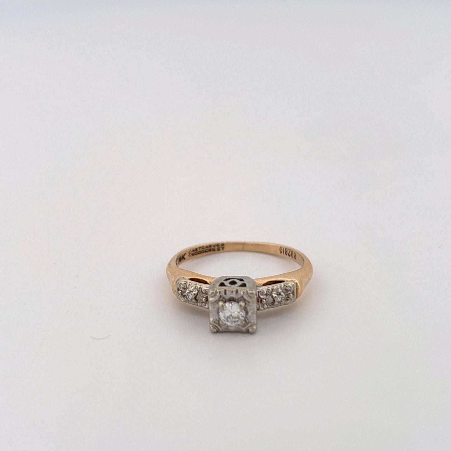 14K Two Tone Ring With Diamonds and Filigree Square Top with Round Diamond