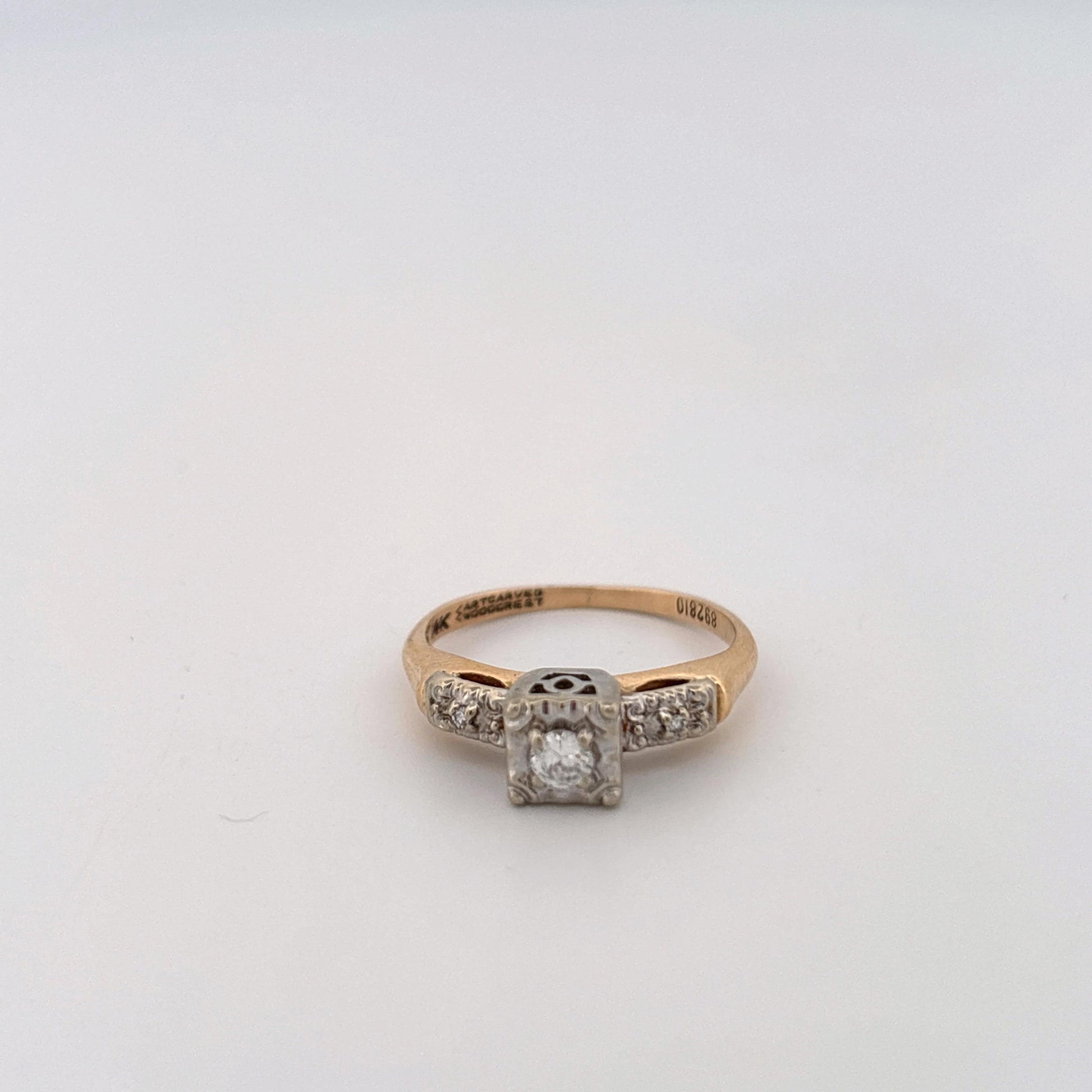 14K Two Tone Ring With Diamonds and Filigree Square Top with Round Diamond