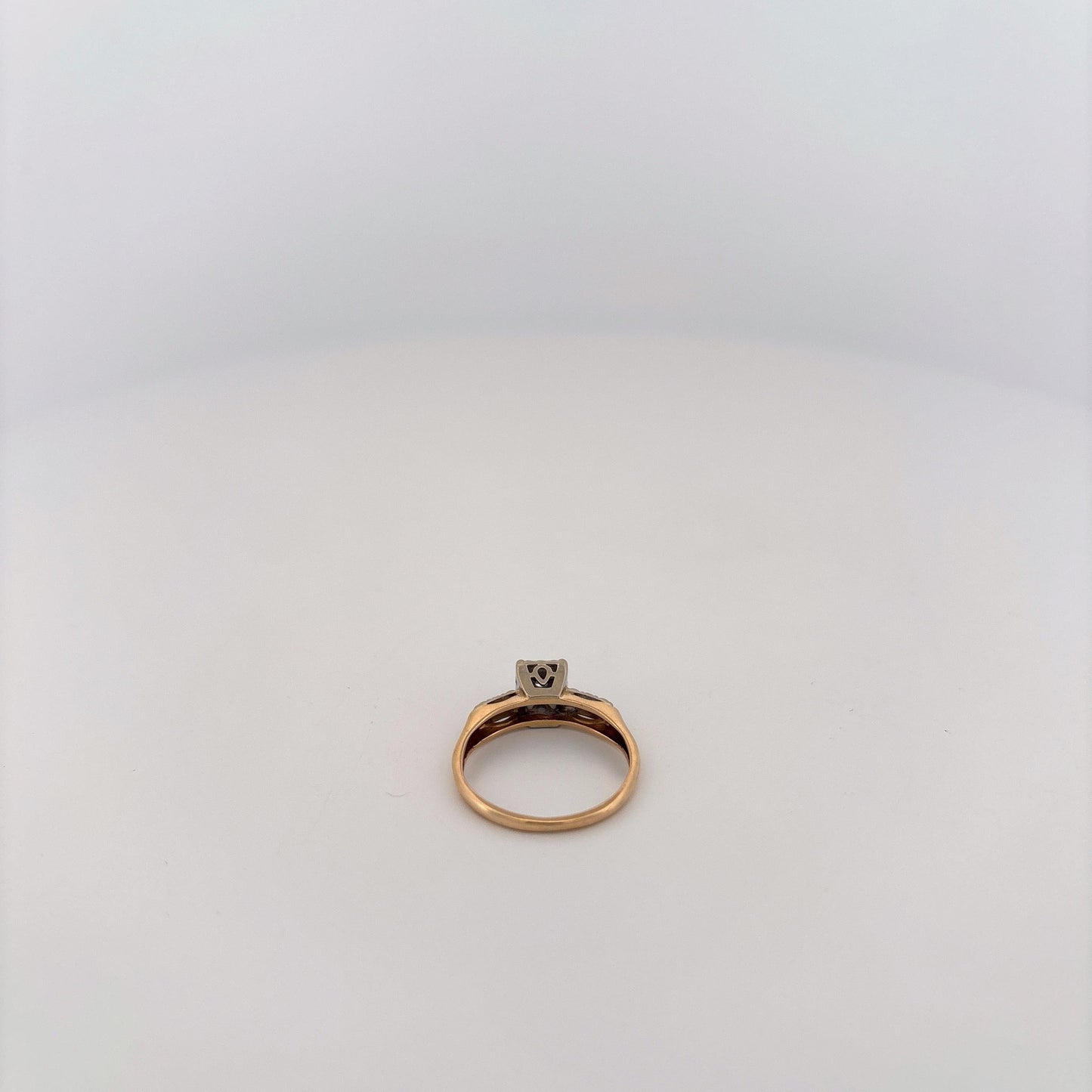 14K Two Tone Ring With Diamonds and Filigree Square Top with Round Diamond