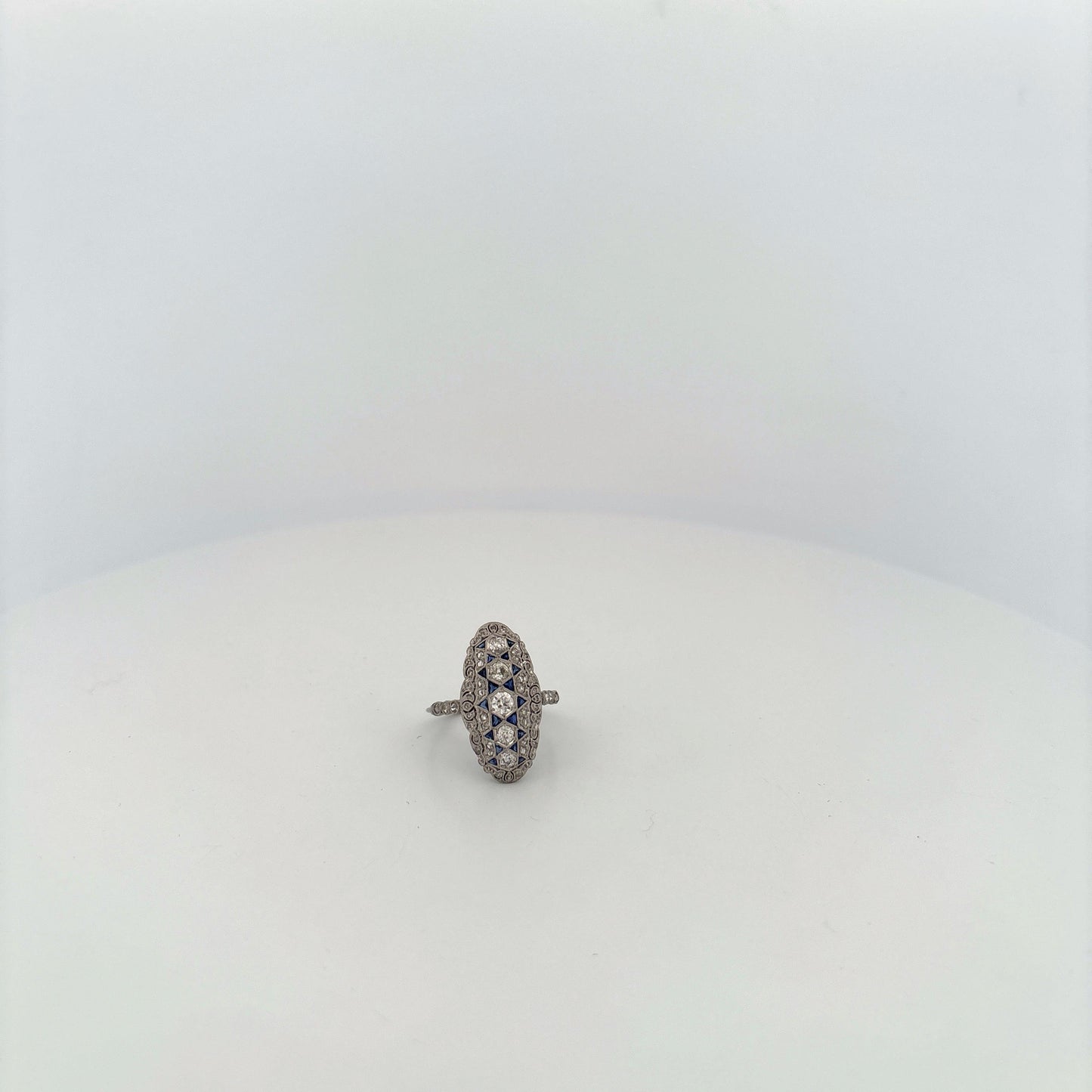 Platinum Art Deco Diamond and Sapphire Elongated Ring