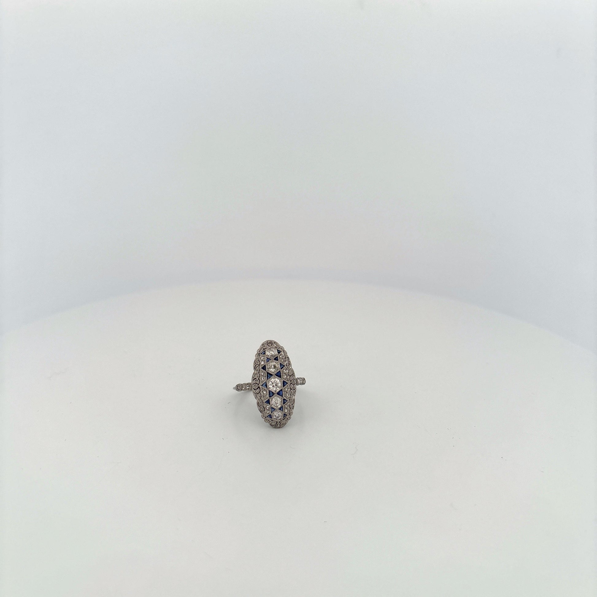 Platinum Art Deco Diamond and Sapphire Elongated Ring