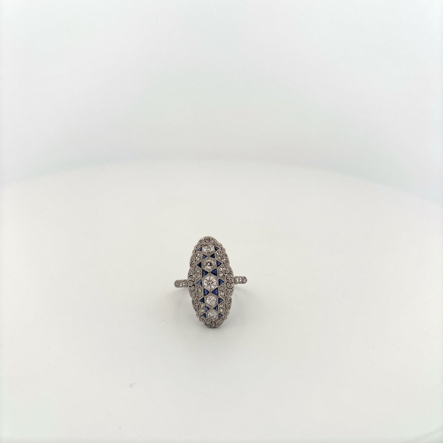 Platinum Art Deco Diamond and Sapphire Elongated Ring