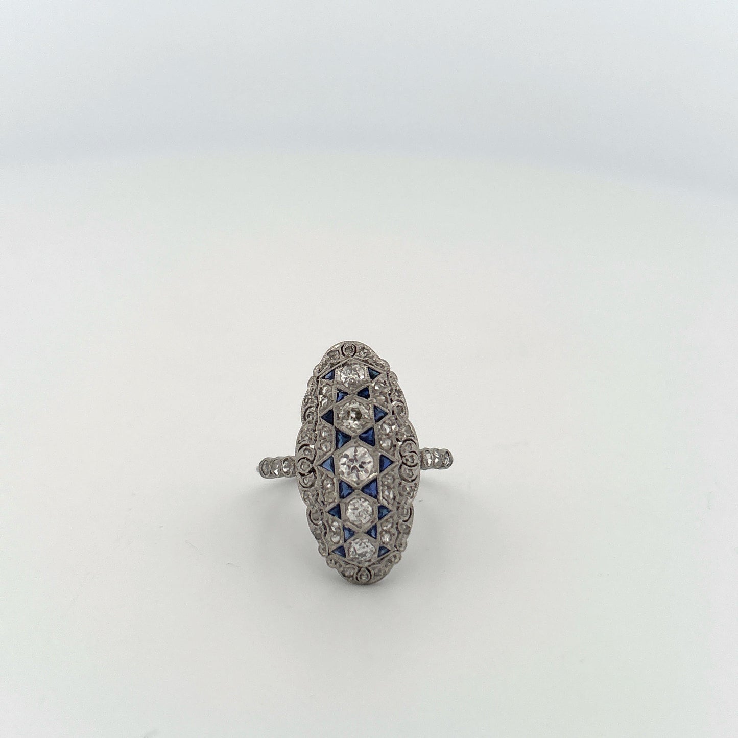 Platinum Art Deco Diamond and Sapphire Elongated Ring
