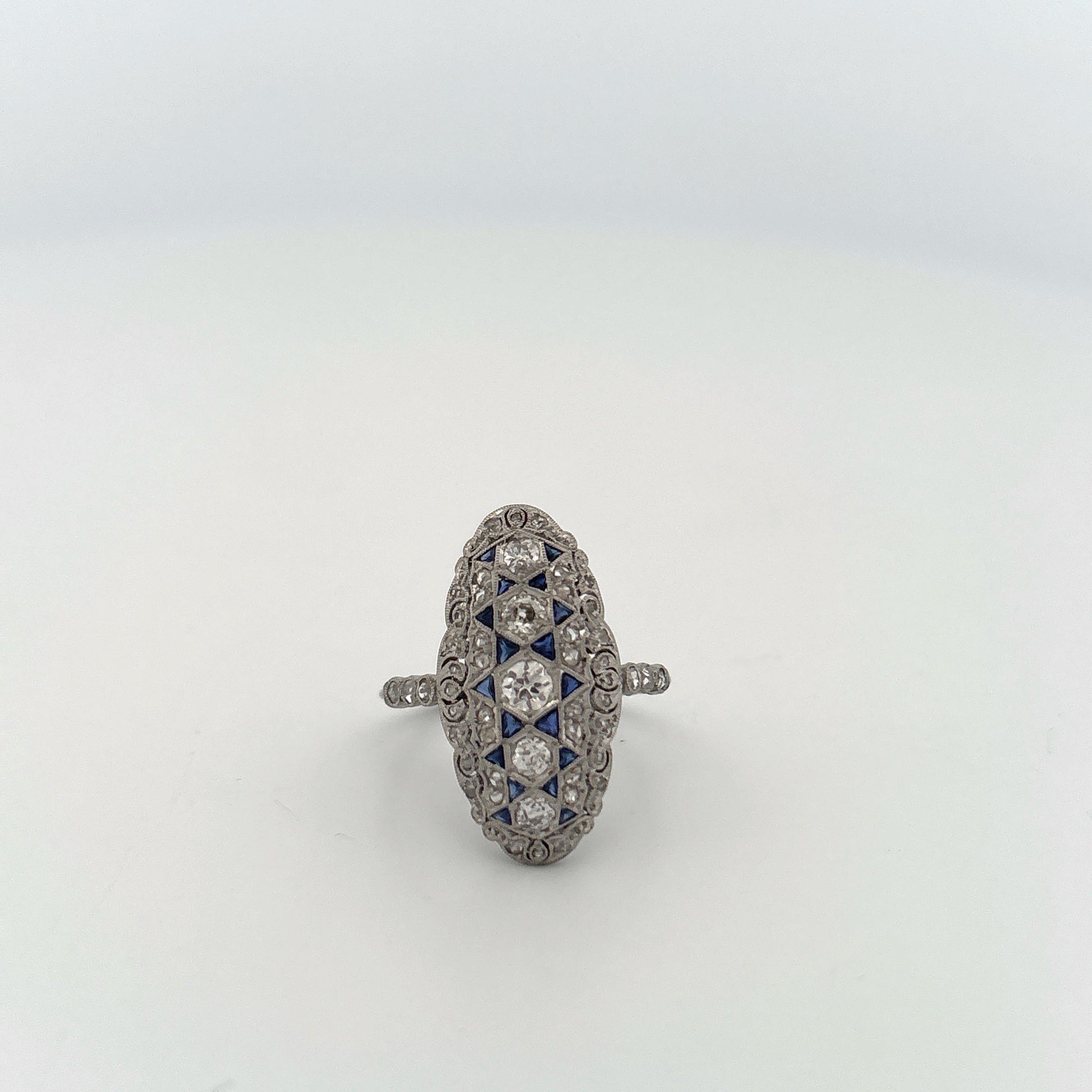Platinum Art Deco Diamond and Sapphire Elongated Ring