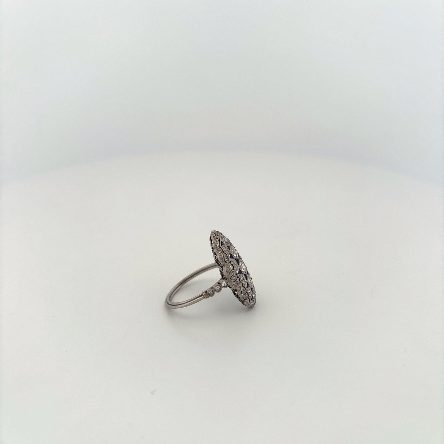 Platinum Art Deco Diamond and Sapphire Elongated Ring