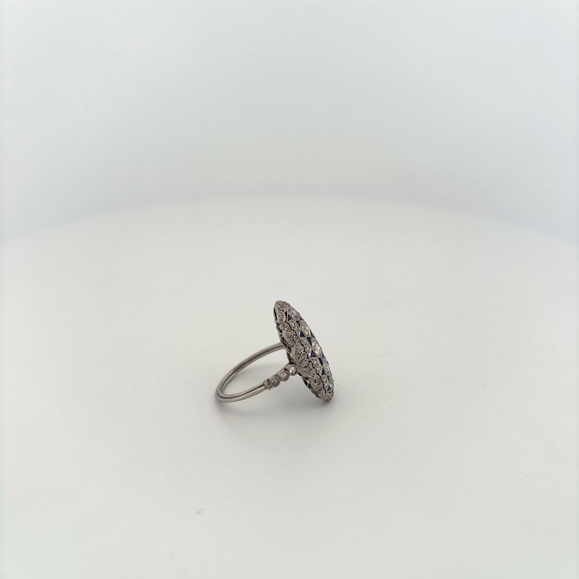 Platinum Art Deco Diamond and Sapphire Elongated Ring