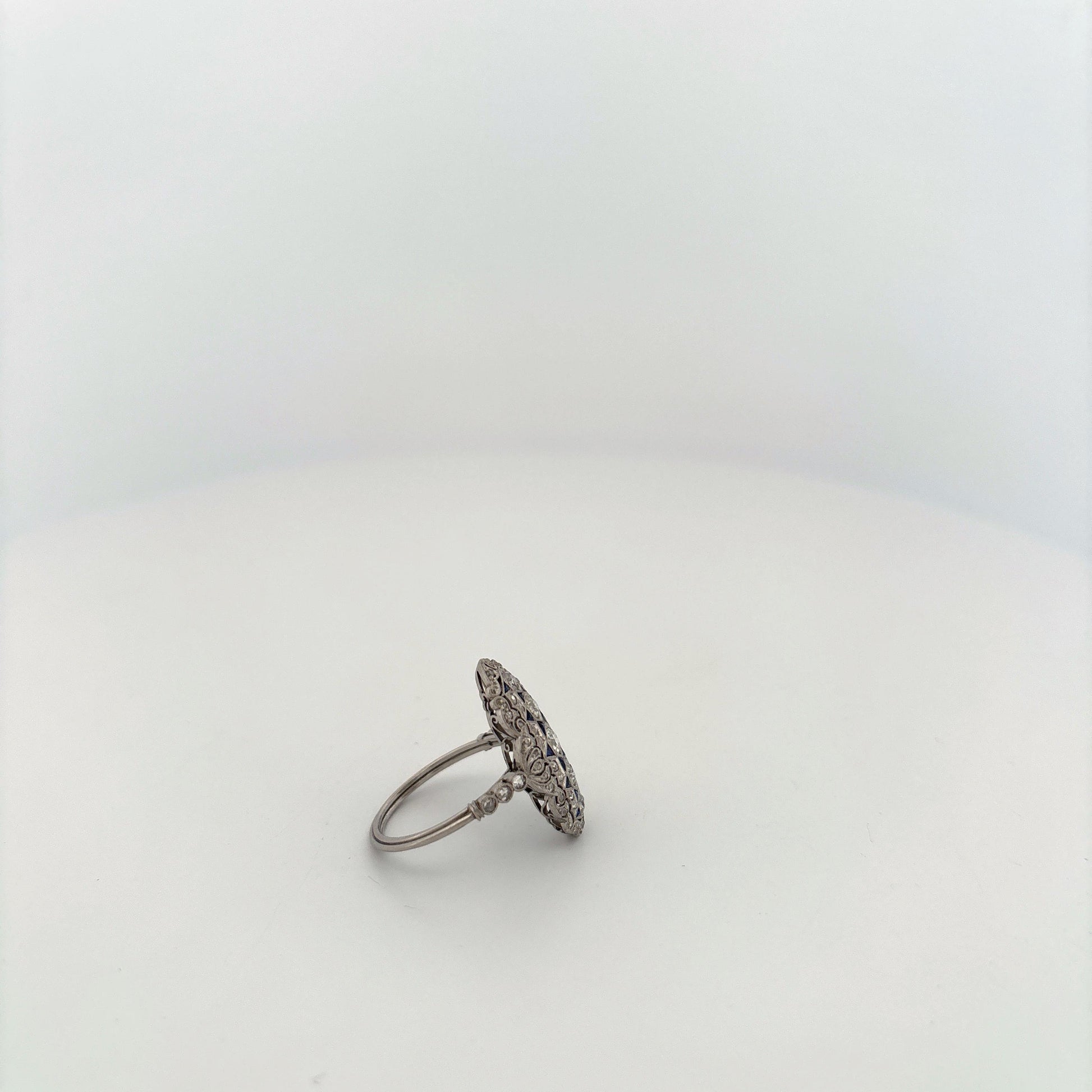 Platinum Art Deco Diamond and Sapphire Elongated Ring