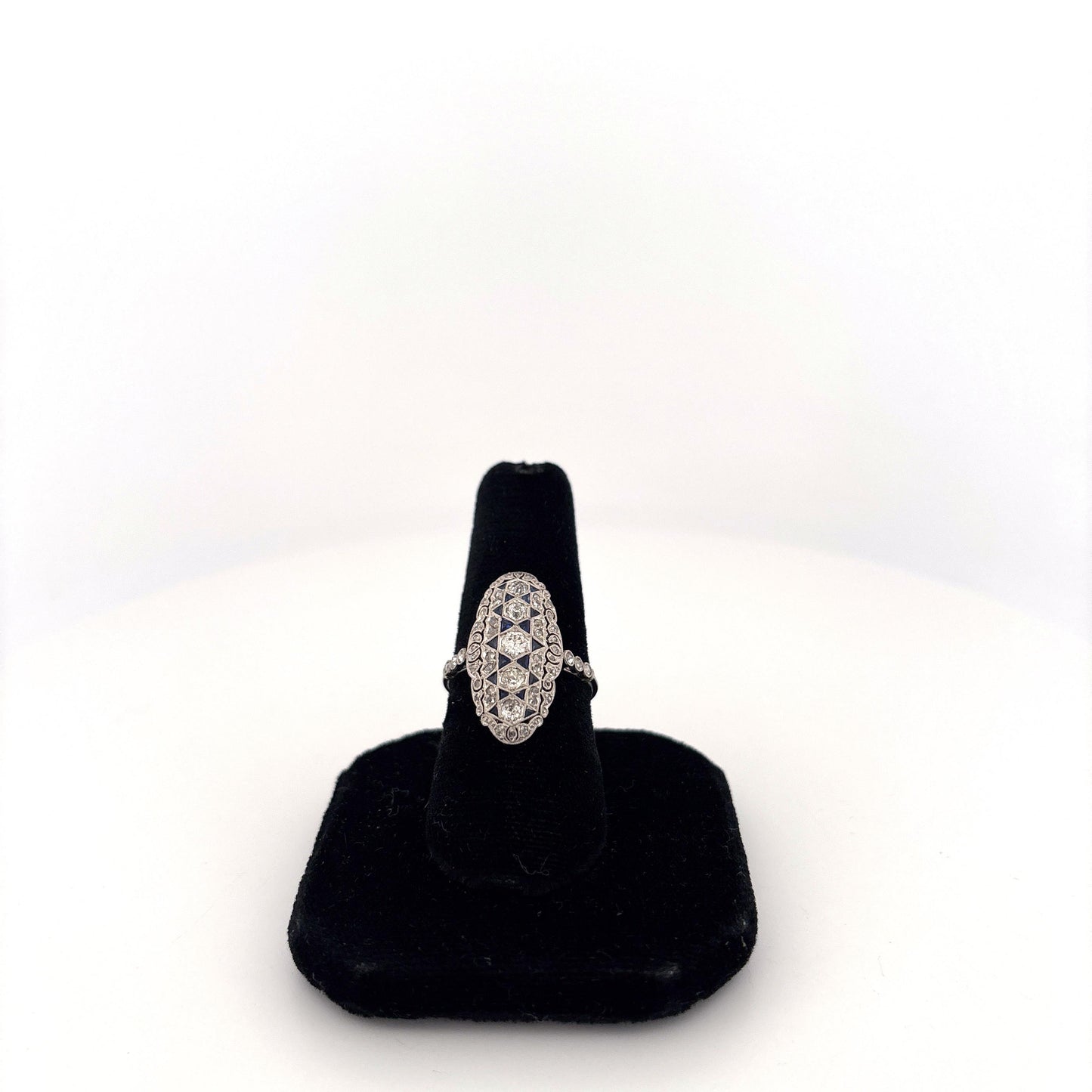 Platinum Art Deco Diamond and Sapphire Elongated Ring
