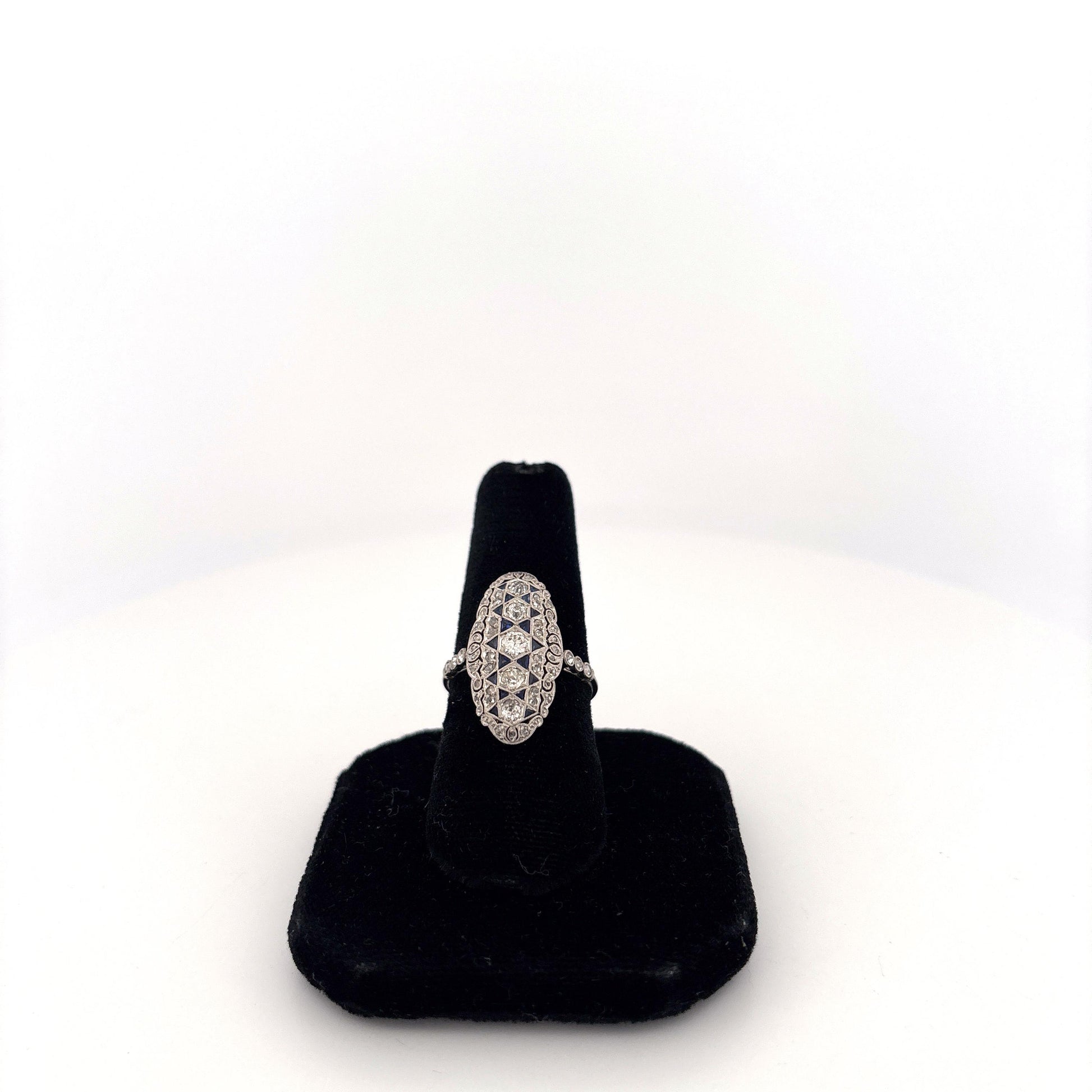 Platinum Art Deco Diamond and Sapphire Elongated Ring