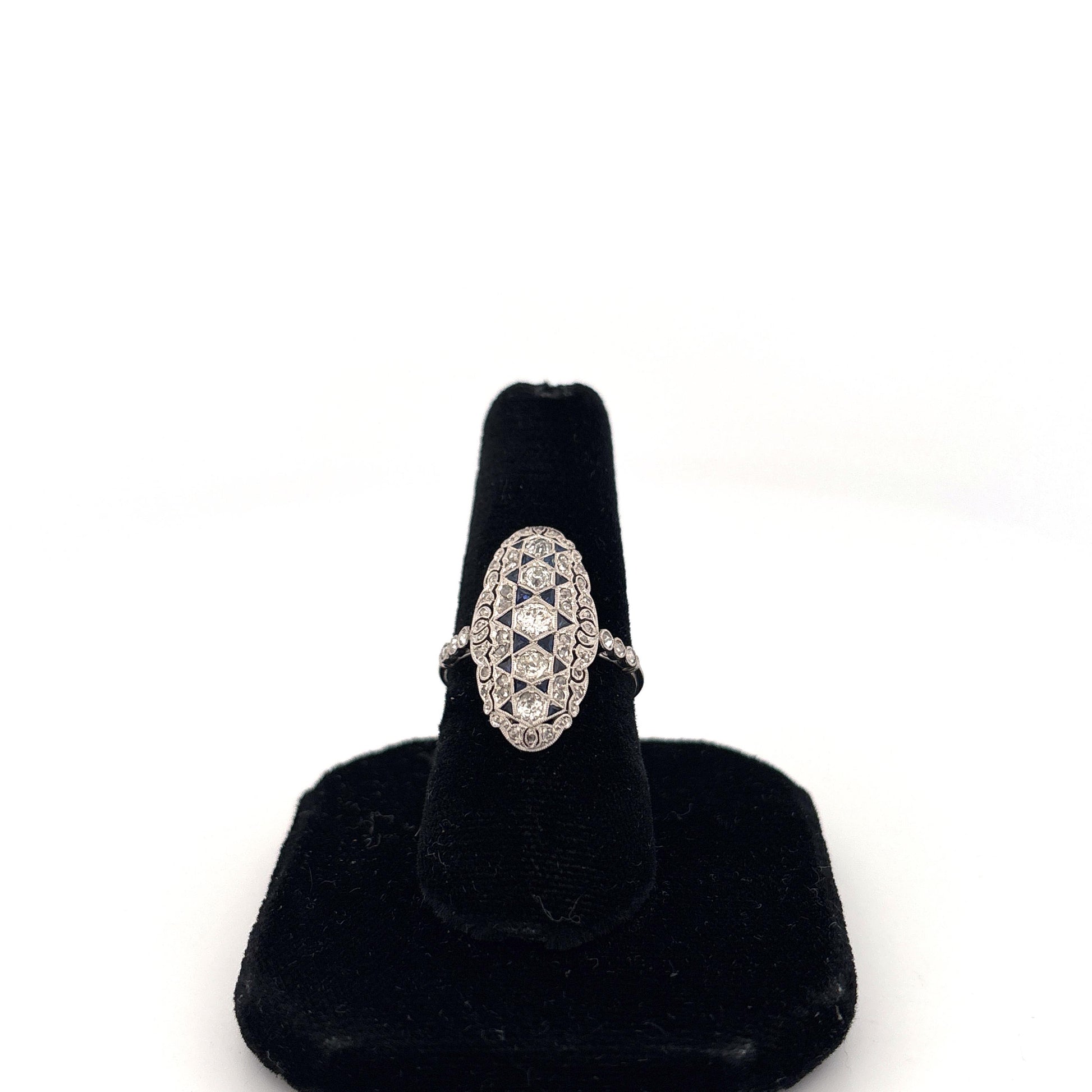 Platinum Art Deco Diamond and Sapphire Elongated Ring