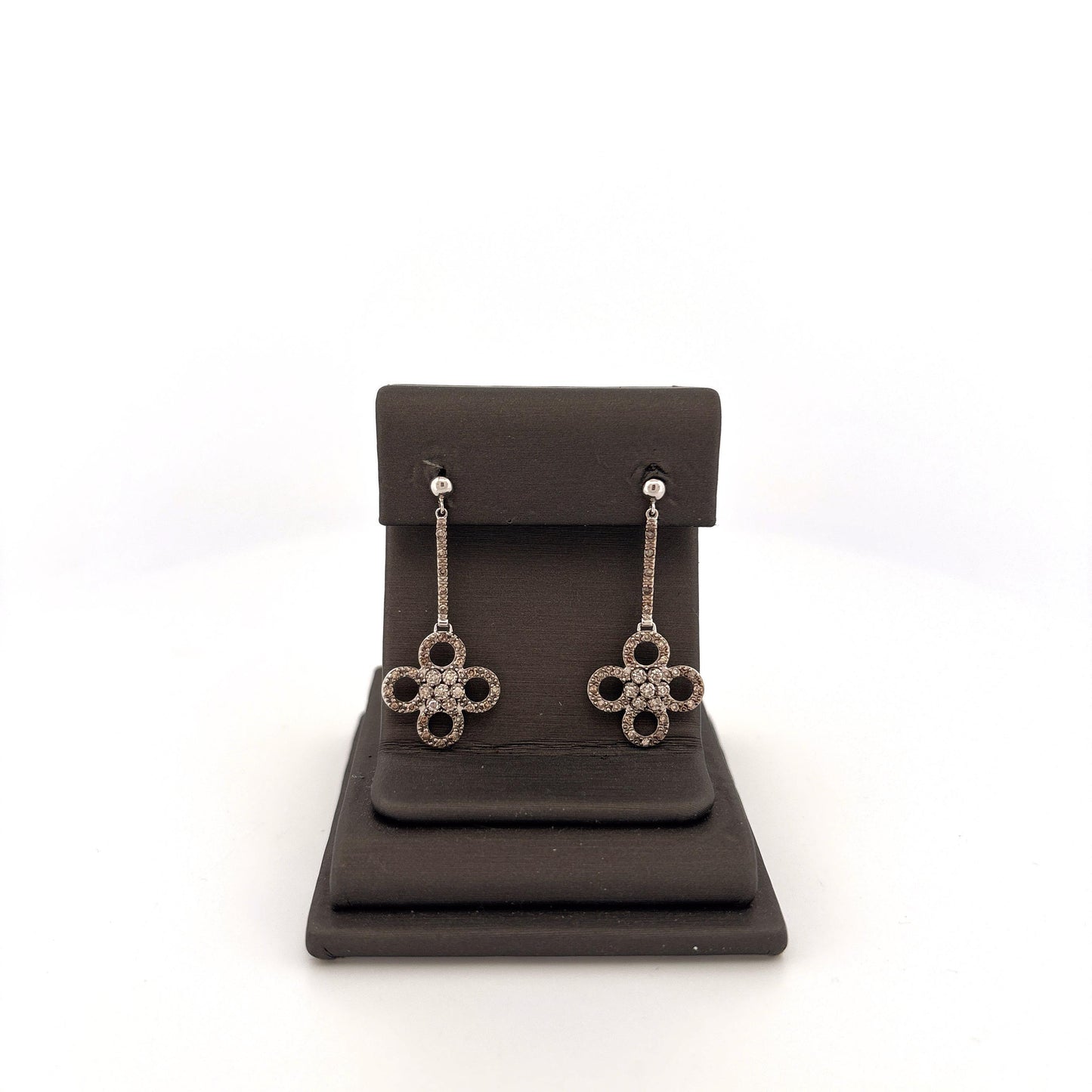 14K White Gold Clover Diamond Dangle Earrings