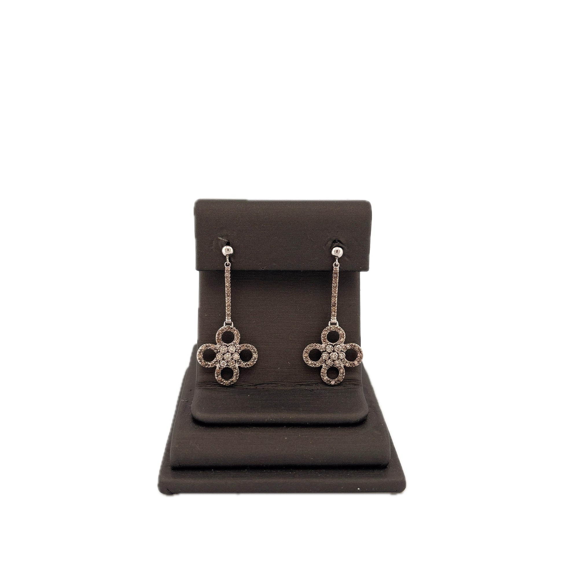 14K White Gold Clover Diamond Dangle Earrings