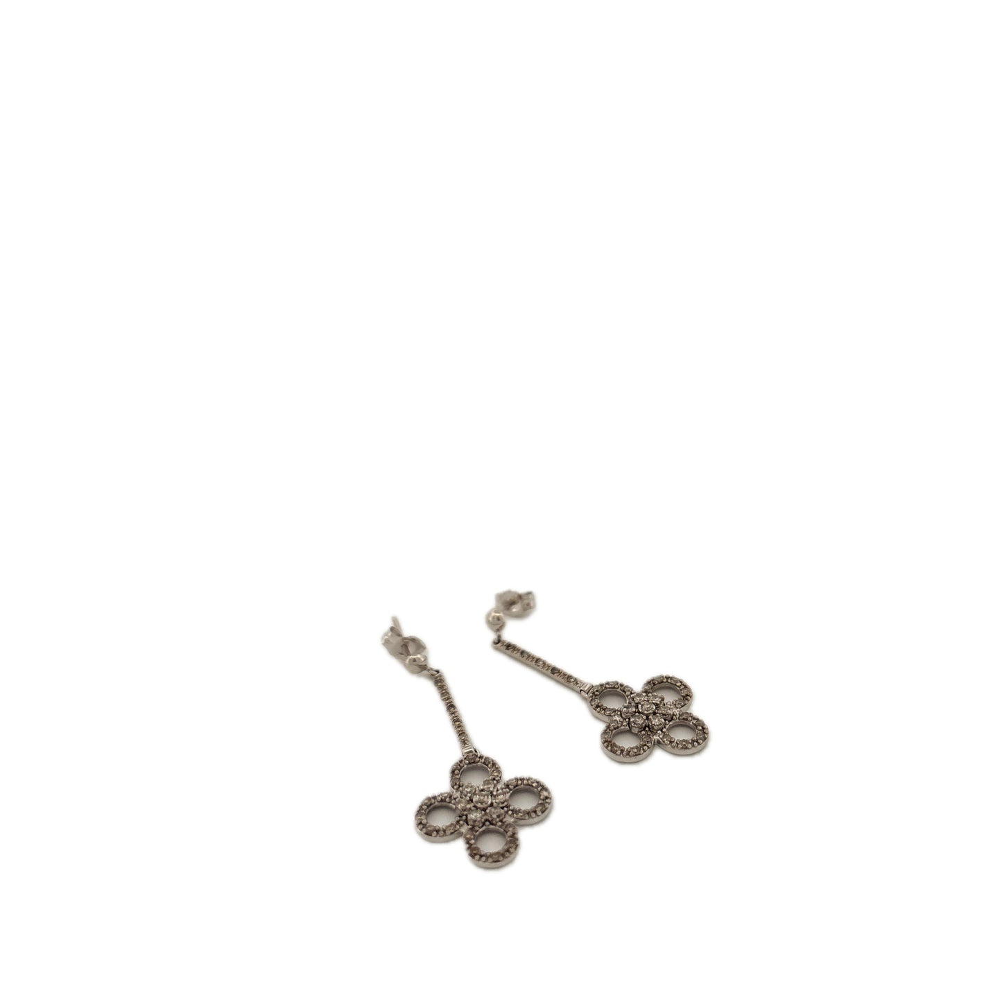 14K White Gold Clover Diamond Dangle Earrings