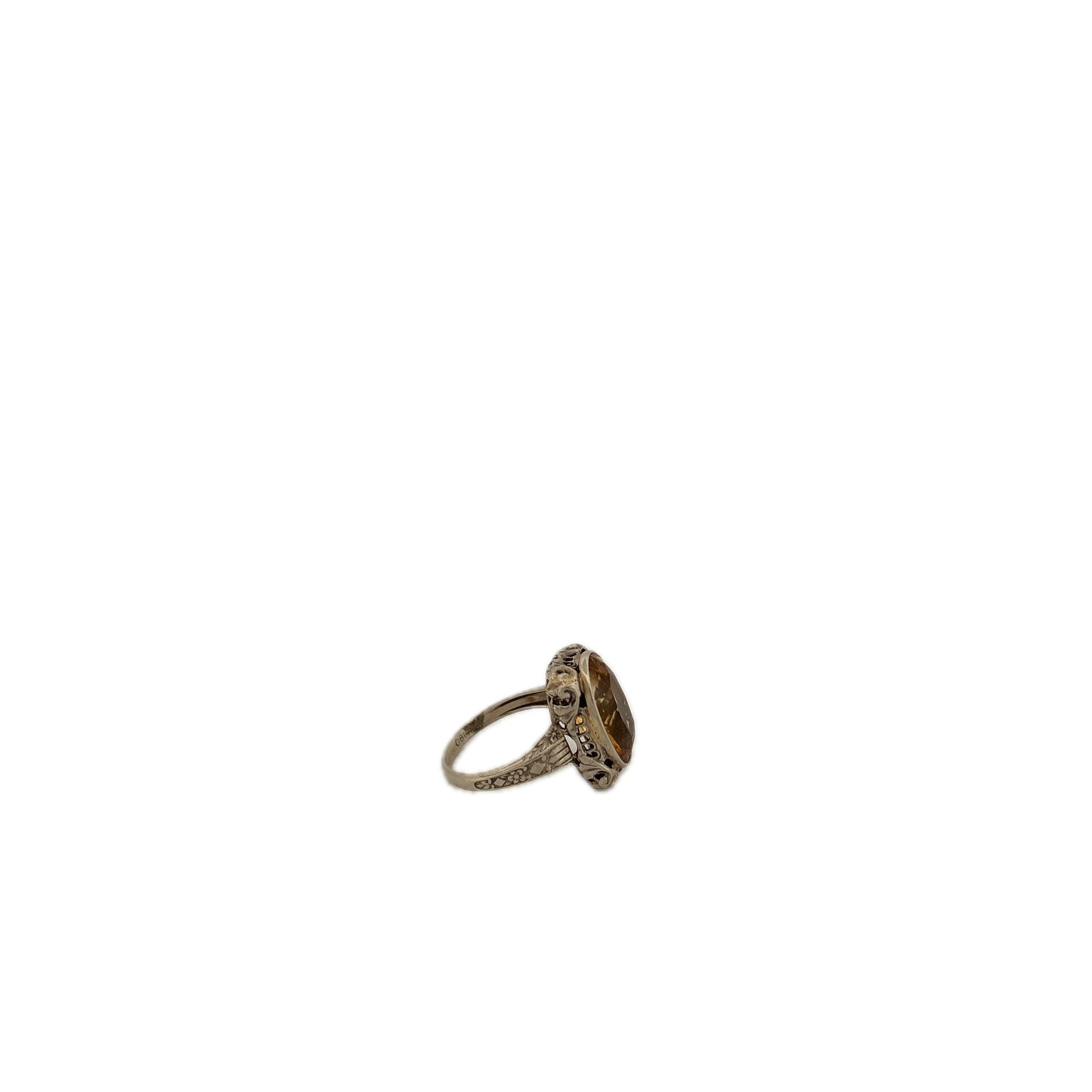 14K White Gold Yellow Stone Filigree Vintage White Gold Ring