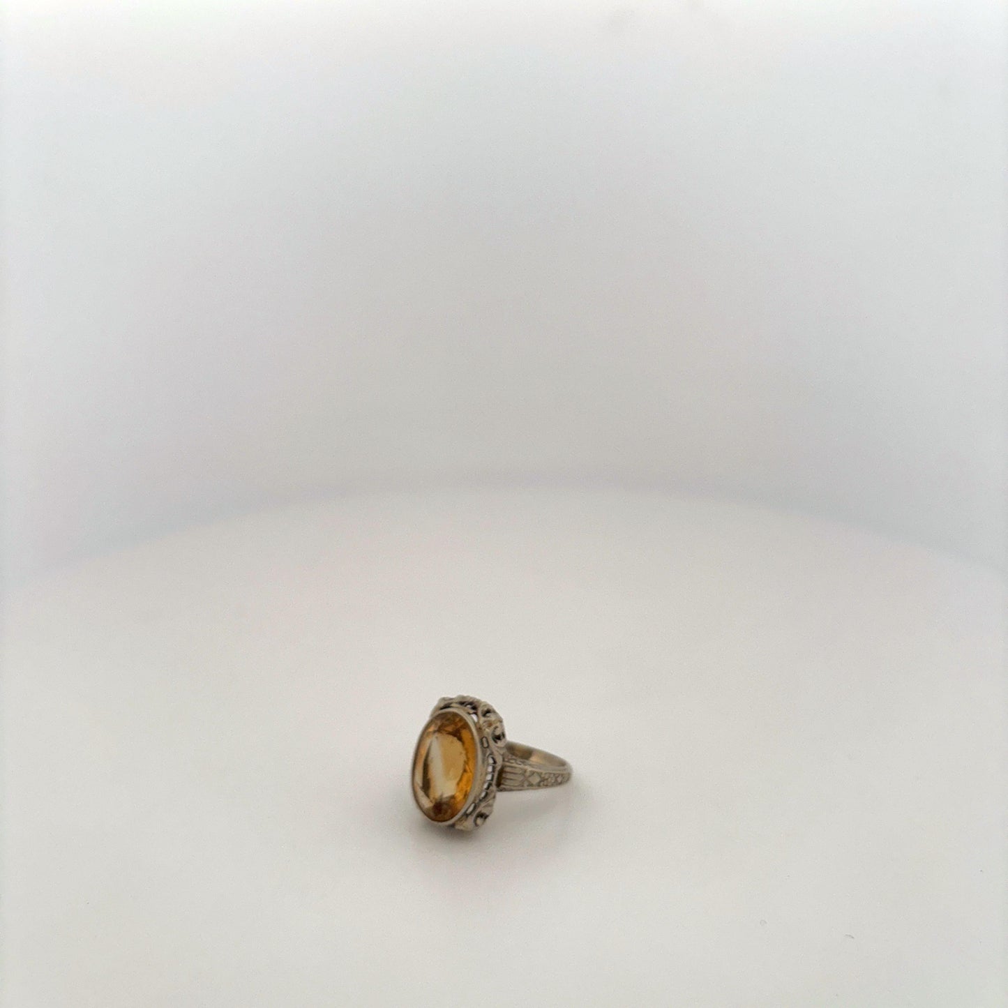 14K White Gold Yellow Stone Filigree Vintage White Gold Ring