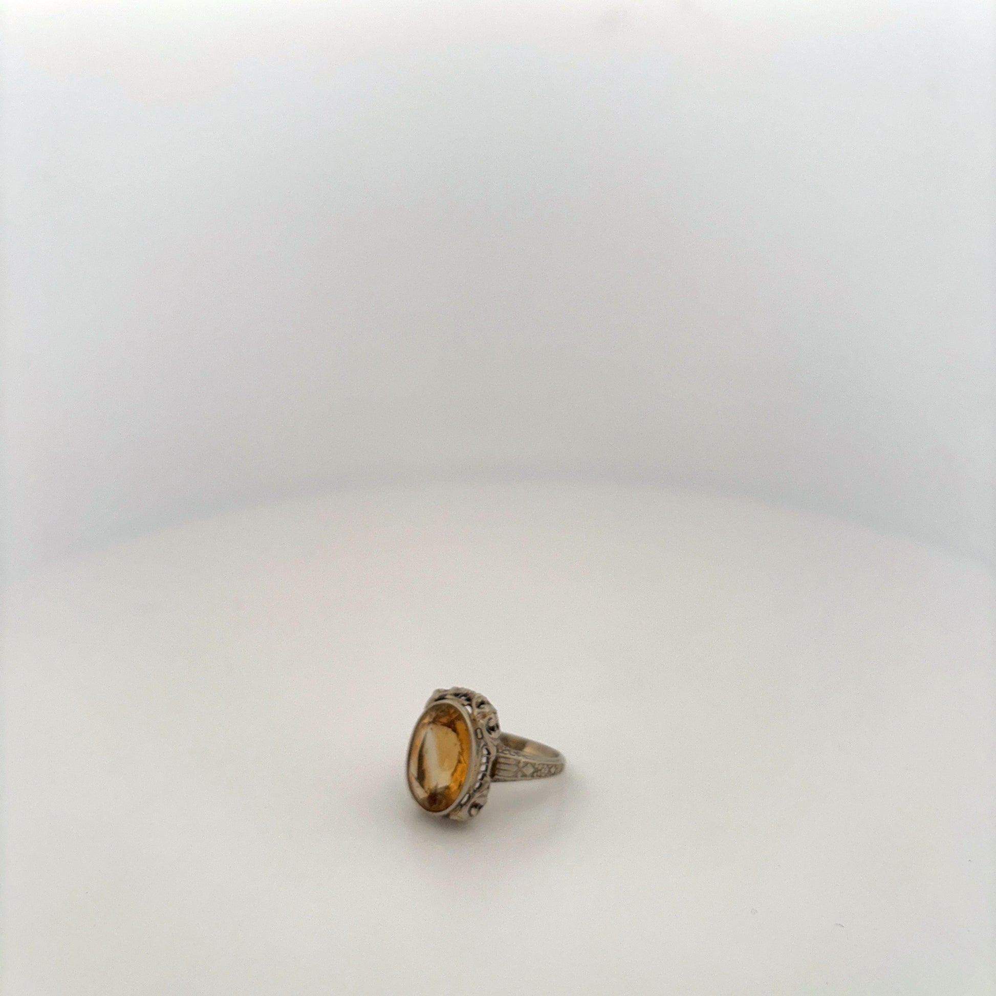 14K White Gold Yellow Stone Filigree Vintage White Gold Ring