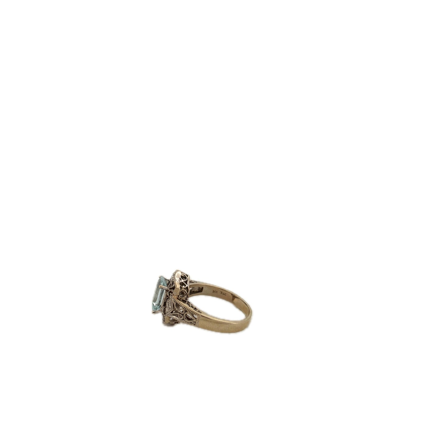 14K White Gold Filigree Emerald Cut Aquamarine Ring Vintage
