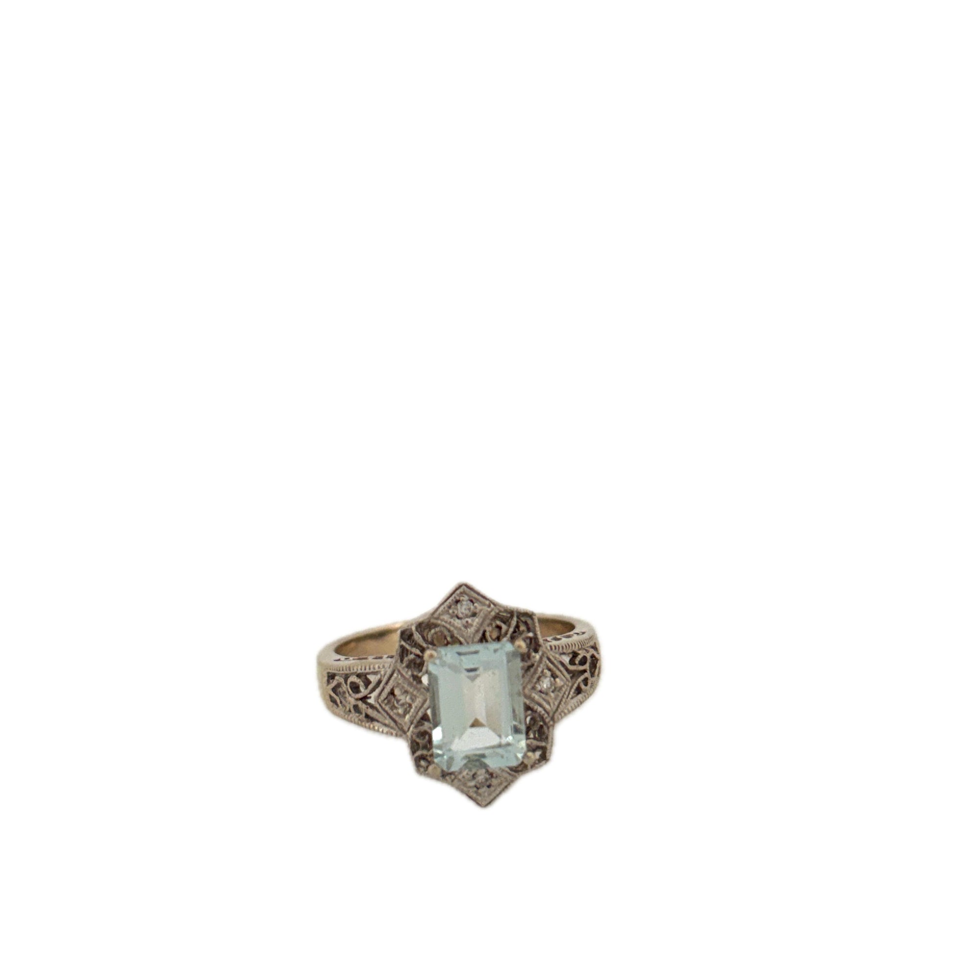 14K White Gold Filigree Emerald Cut Aquamarine Ring Vintage