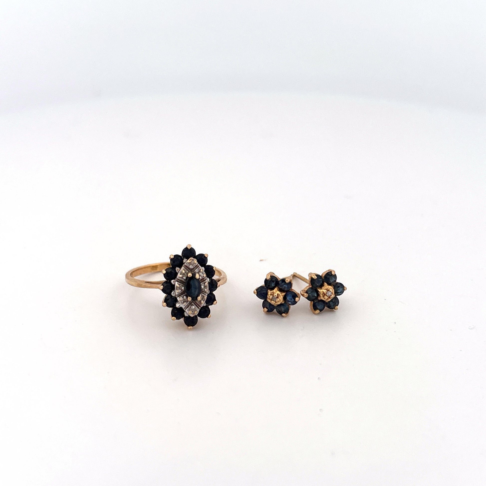14K Yellow Gold Sapphire and Diamond Ring and Earring Set