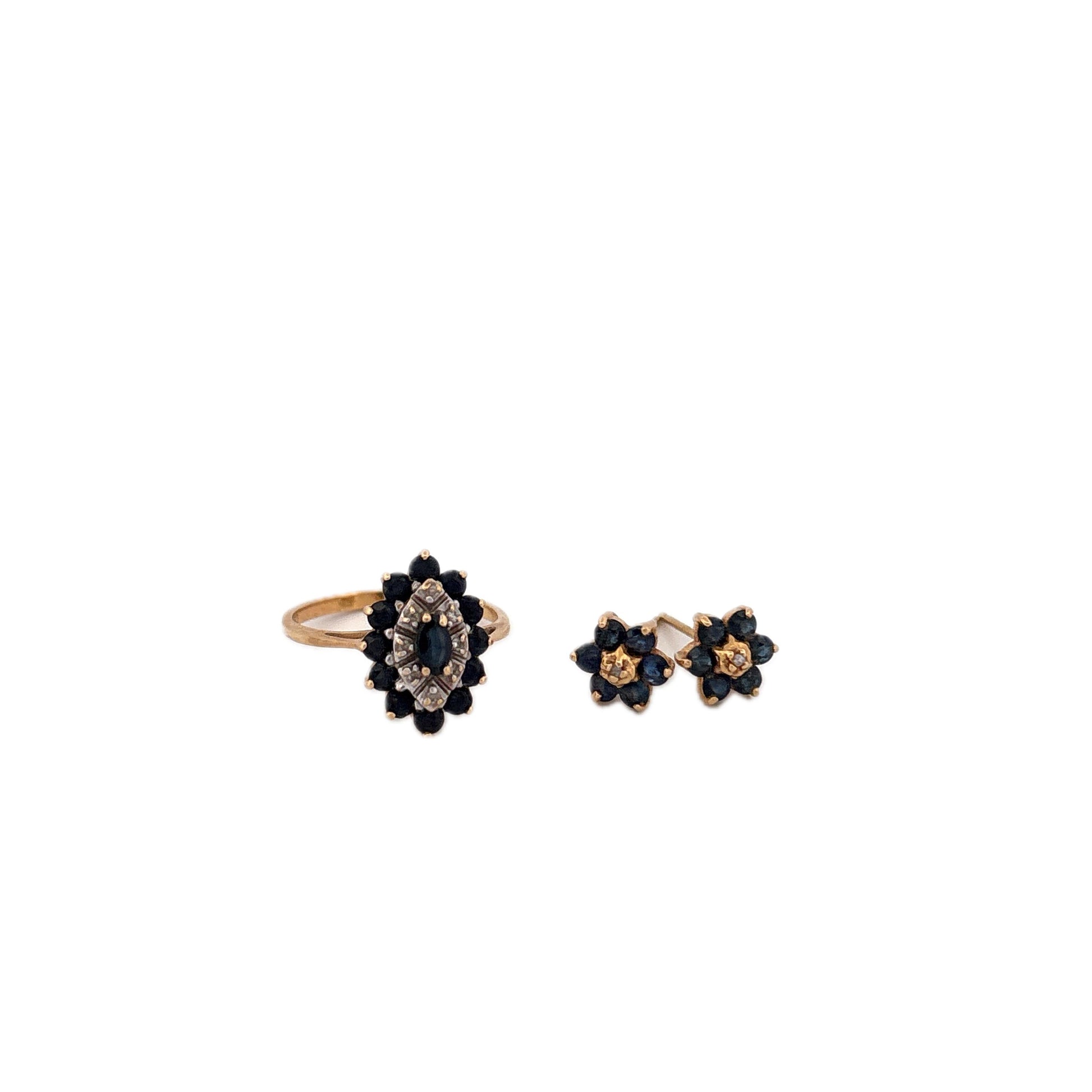 14K Yellow Gold Sapphire and Diamond Ring and Earring Set
