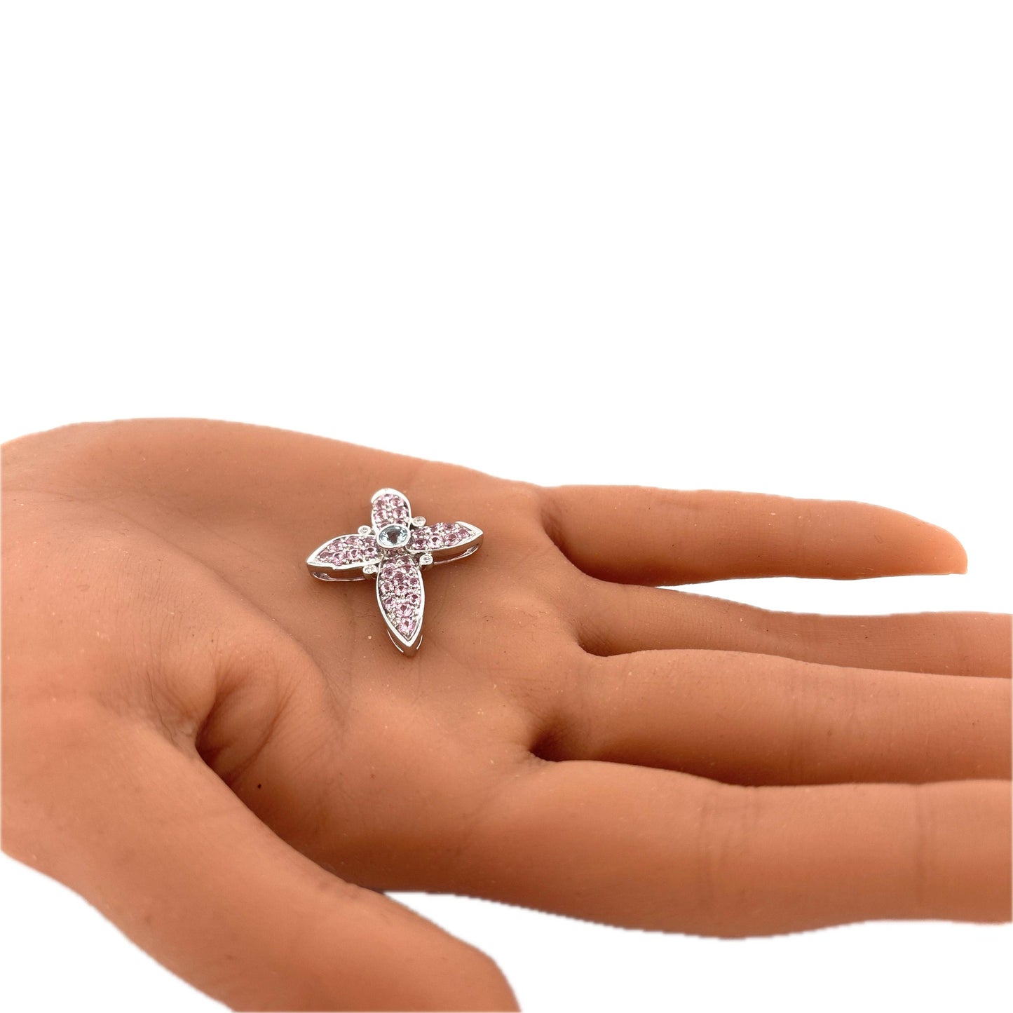 14k White Gold Cross with Blue and Pink Topaz